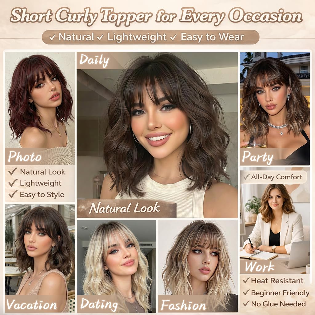 16 Inch Hair Topper for Women - Synthetic Curly Wavy Clip-In with Wispy Bangs | Auburn Brown Natural Volume