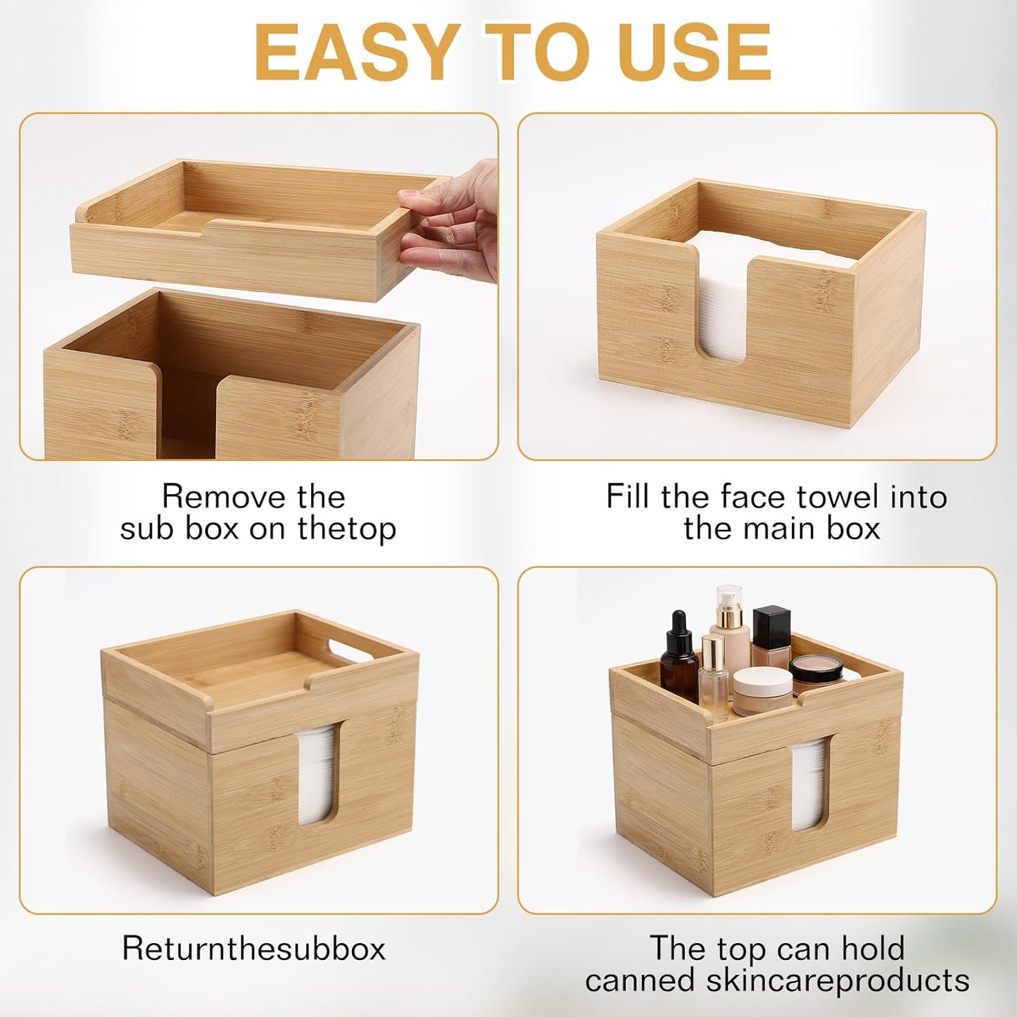 Bamboo Face Towel Holder - 120 XL Towels Included | Open-Top Skincare Organizer for Beauty Essentials