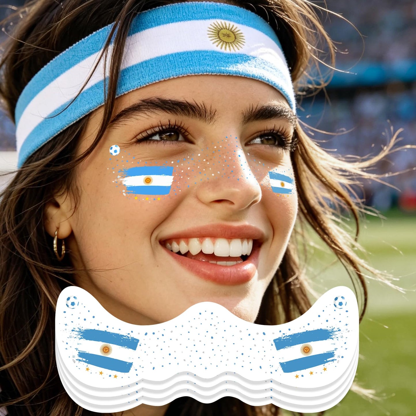 VXZ Blue & White Soccer Fan Freckles Face Tattoo - Sun & Flag Brushstroke Temporary Tattoos | Waterproof Sports Sparkle Stickers for Football Matches & Game Day Celebrations (8 Sheets)
