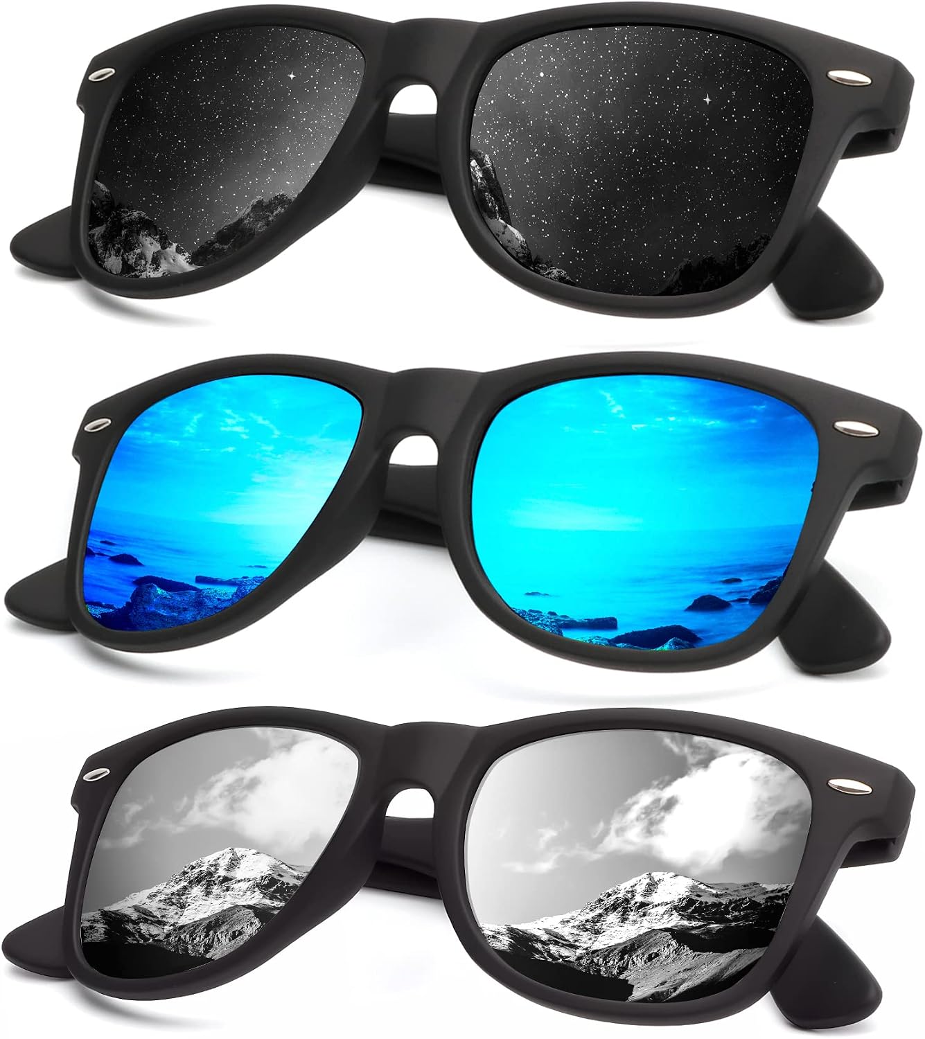 KALIYADI Polarized Sunglasses - Matte Finish, UV Blocking, Color Mirror Lenses | 3-Pack for Men & Women