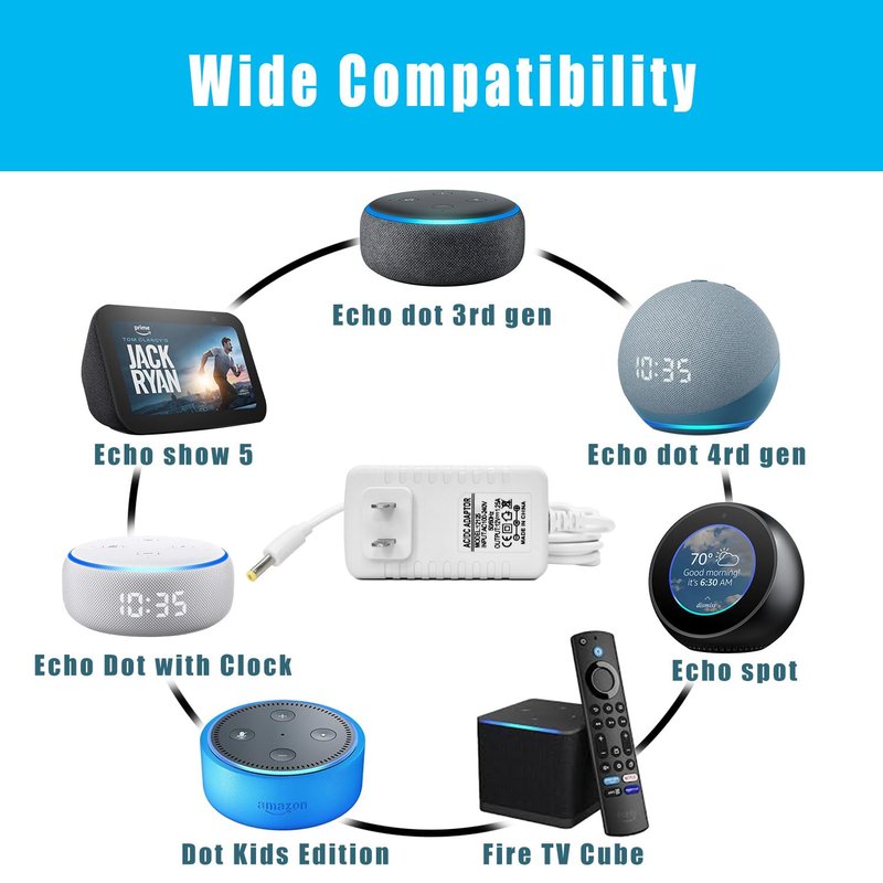 15W Charger for Alexa Dot 5th Gen/Dot 4th Gen/3rd Gen/Kids Edition/TV Cube/Show 5 Charger Cord Replacement Adapter
