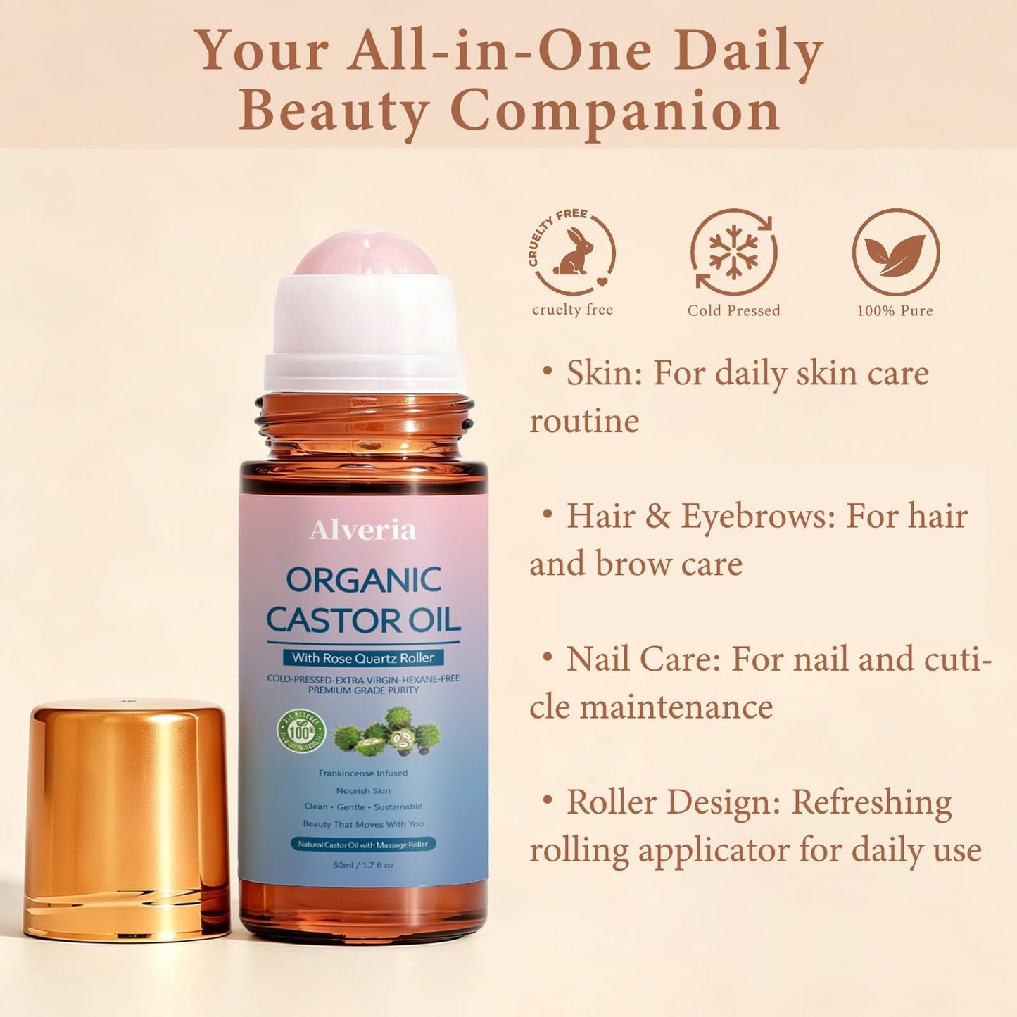 Alveria Organic Castor Oil Roll-On with Cooling Rose Quartz Roller – 100% Cold-Pressed, Hexane-Free Formula for Face, Body, Hair, Brows & Lashe, Daily Moisturizing Care (1)