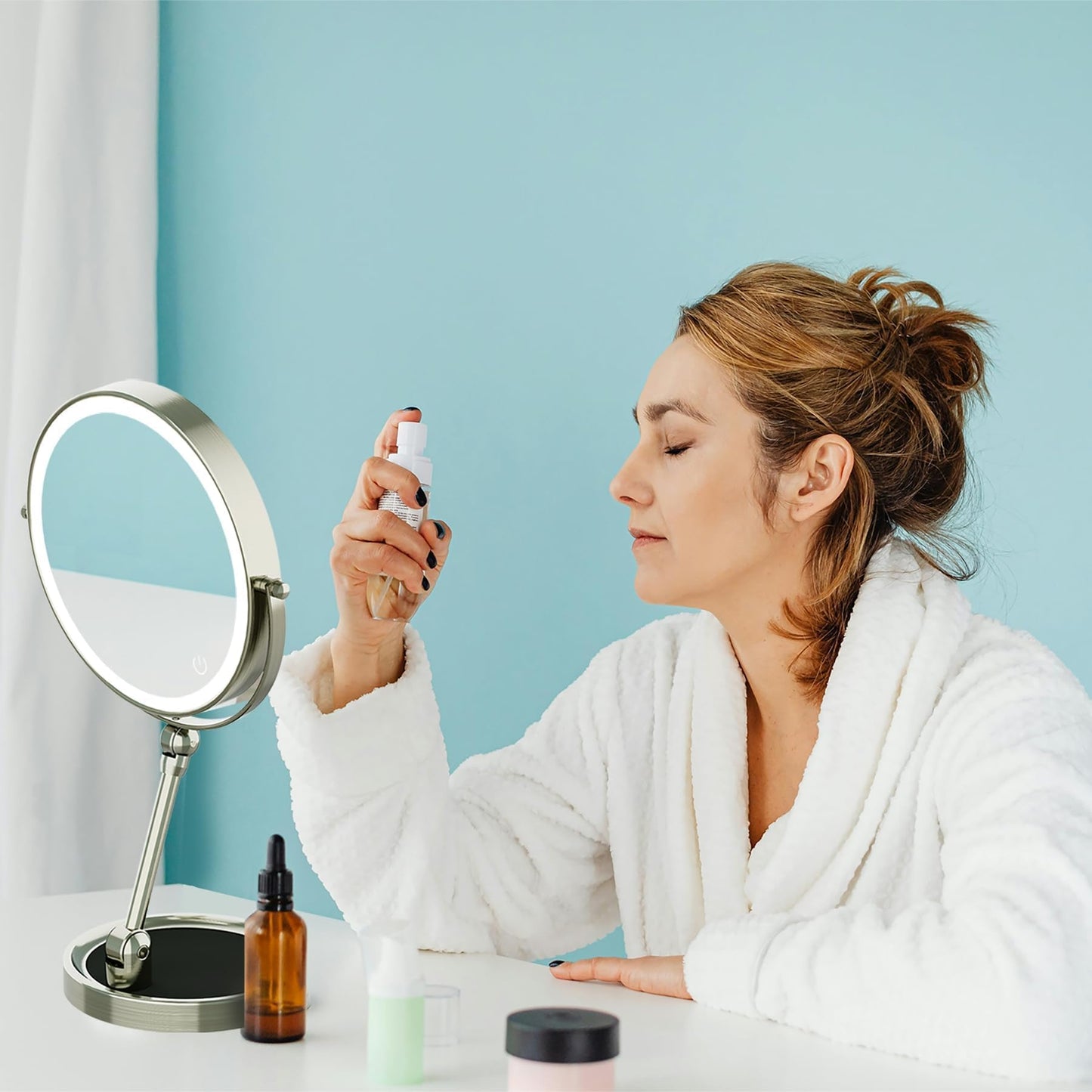 Rocollos Tabletop Makeup Mirror with Built-in Vanity Tray, 9" Rechargeable 4000mAh Lighted Vanity Mirror 1X/10X Magnification, Height-Adjustable Arm, 3 Color Dimmable (9Inch Nickel)