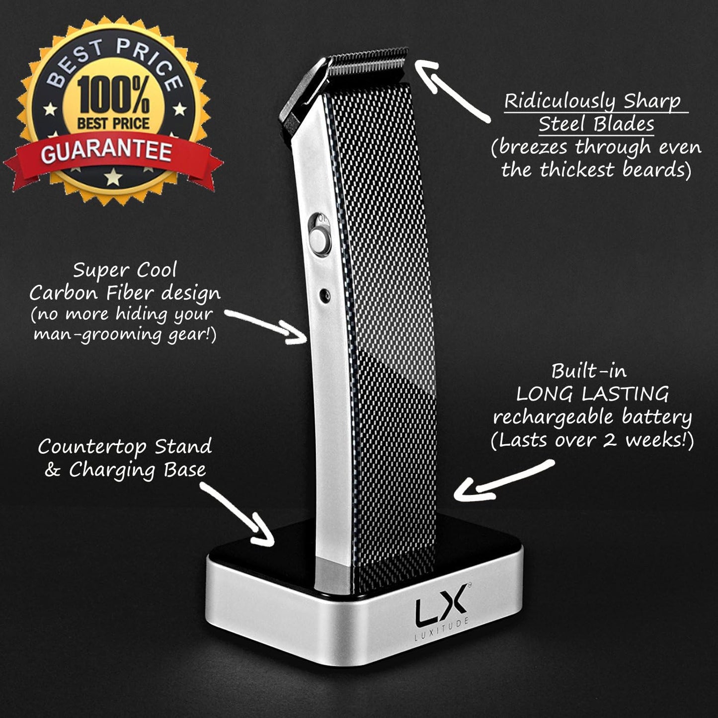 Luxitude Precision Hair Trimmer & Body Groomer for Men- 4 Attachments, All-in-One Cordless Design, Steel Blades & Carbon Fiber Finish