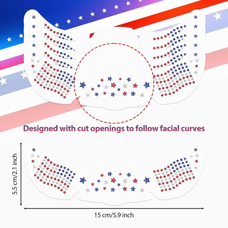 Red White and Blue Glitter Freckles Face Tattoos - Patriotic American Flag Design | 4th of July Makeup Stickers, 6 Pcs