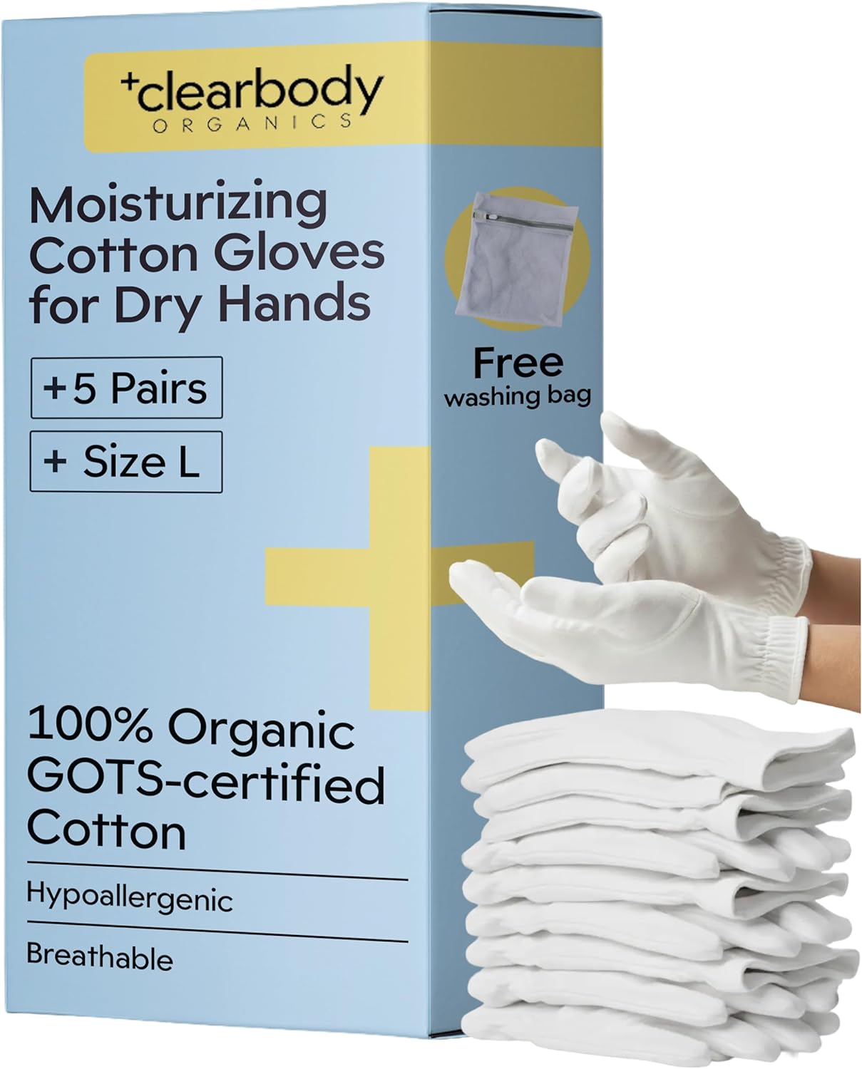 Clearbody Organics 100% Organic Cotton Gloves for Dry Hands - Breathable Eczema Moisturizing Gloves | 5 Pairs, Size M