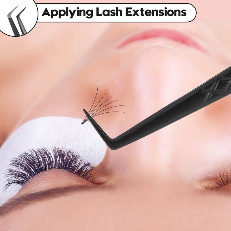 Ms.Queen Lash Tweezers for Eyelash Extensions, Diamond Grip 90 Degree Fiber Tip Volume Lash Extension Tweezers,Black