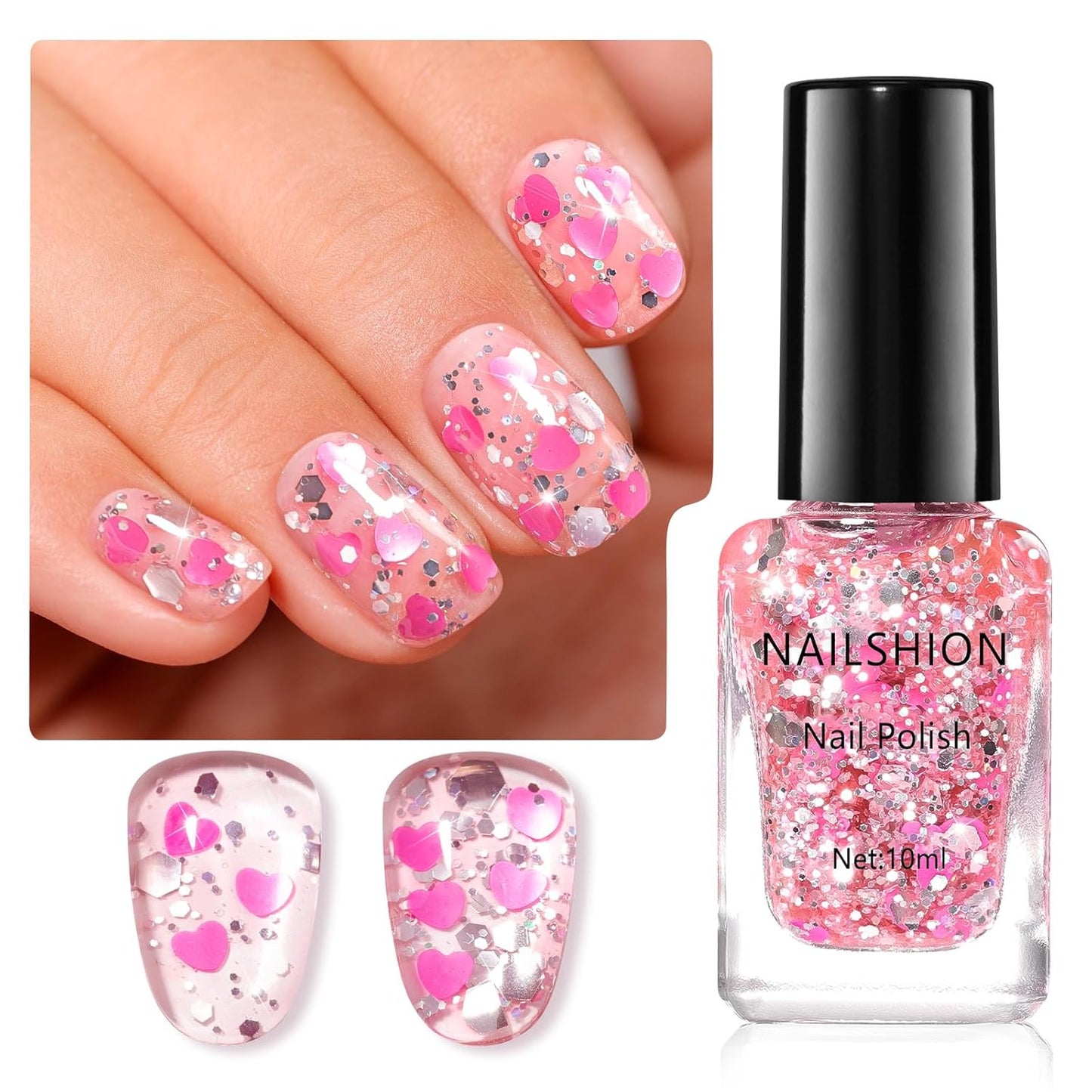 Hot Pink Hearts Confetti Nail Polish - Quick Dry Vegan Formula | Ombre Sparkle for DIY Manicure