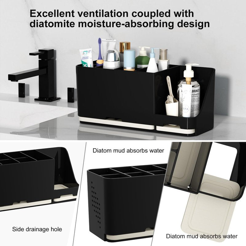 JUMEIHUI Large Electric Toothbrush Holder - 8 Slots with Quick-Dry Diatomite Base, Fits Sonicare & All Major Brands, Bathroom Countertop Organizer (Black)