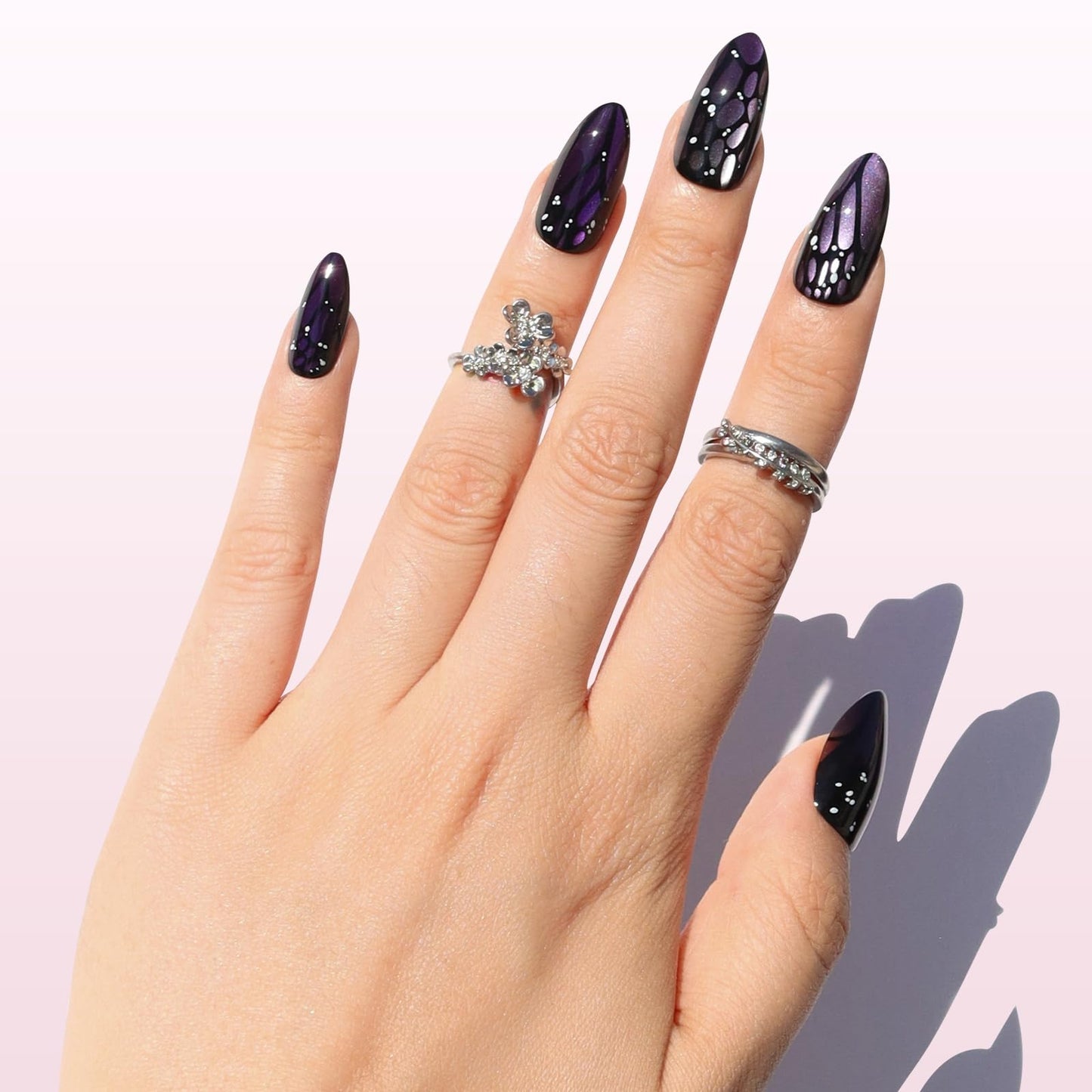 Nail Reformation Press On Nails, Purple Mariposa | Medium Almond Fake Nails with Purple Cat Eye & Butterfly Wing in Glossy Finish, Reusable Stick On Nails in 15 Sizes - 30 Nail Kit for Women Gifts