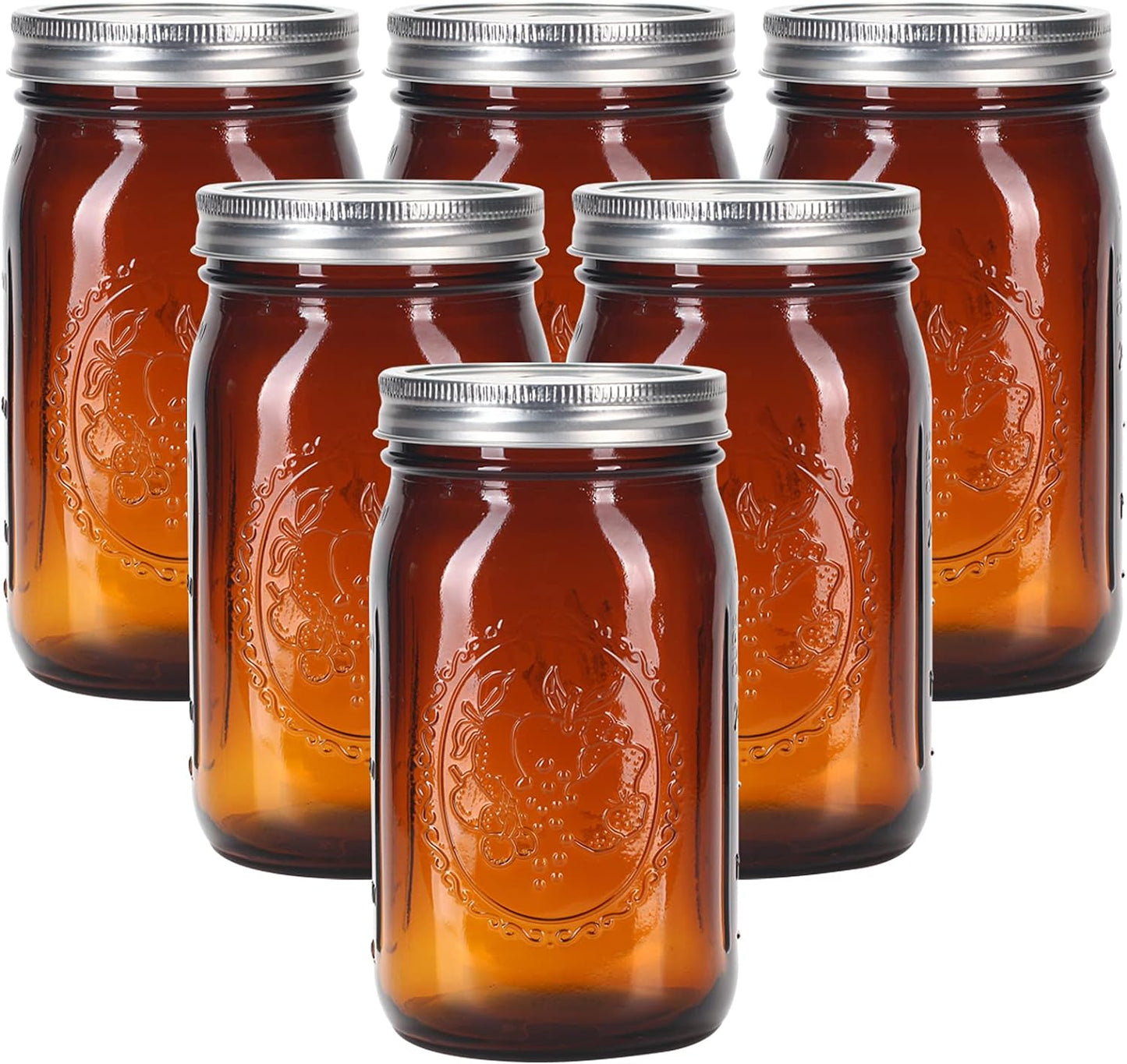 Amber Glass Mason Jars - 32 oz Wide Mouth Canning Jars with Airtight Lids | 6 Pack for Pickling & Fermenting