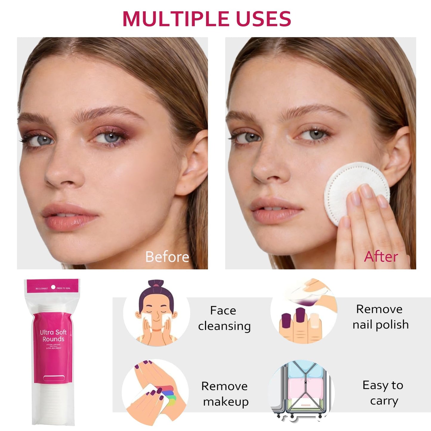 600 PCS Cotton Rounds–100 Count (Pack of 6)-Soft, Absorbent, 100% Pure Cotton Face Pads for Makeup Removal, Skincare, Skin Care and Gentle Facial Cleansing - Lint Free Stitched Pads