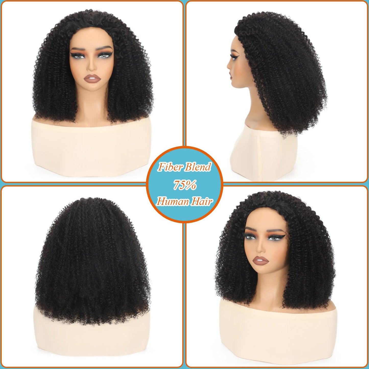 Kinky Curly Half Wig - 18 Inch 200 Density Human Hair Blend | Glueless Headband Wig in Natural Black for Easy Styling
