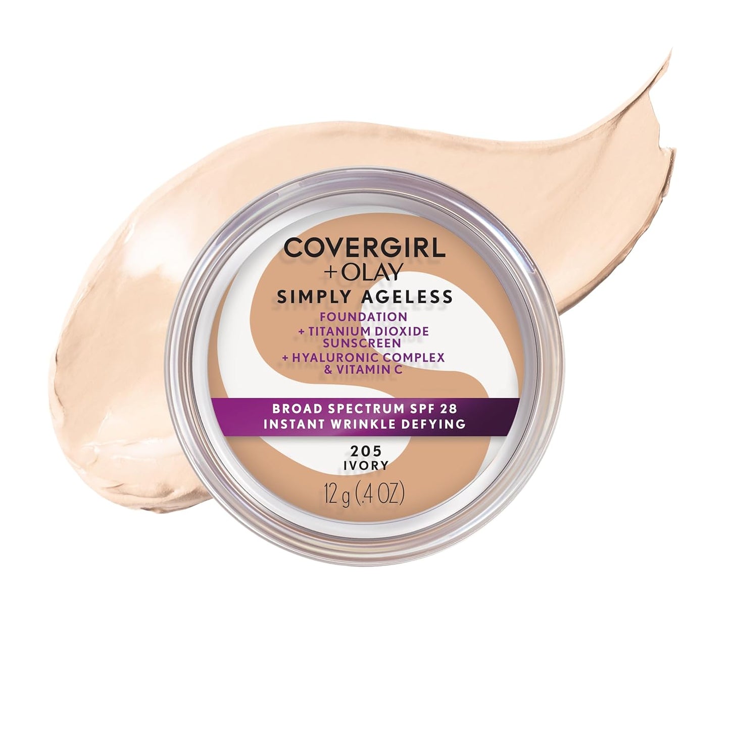 COVERGIRL Simply Ageless Foundation - Instant Wrinkle Defying, SPF 28, Hyaluronic Complex | 205 Ivory, 1 Pack