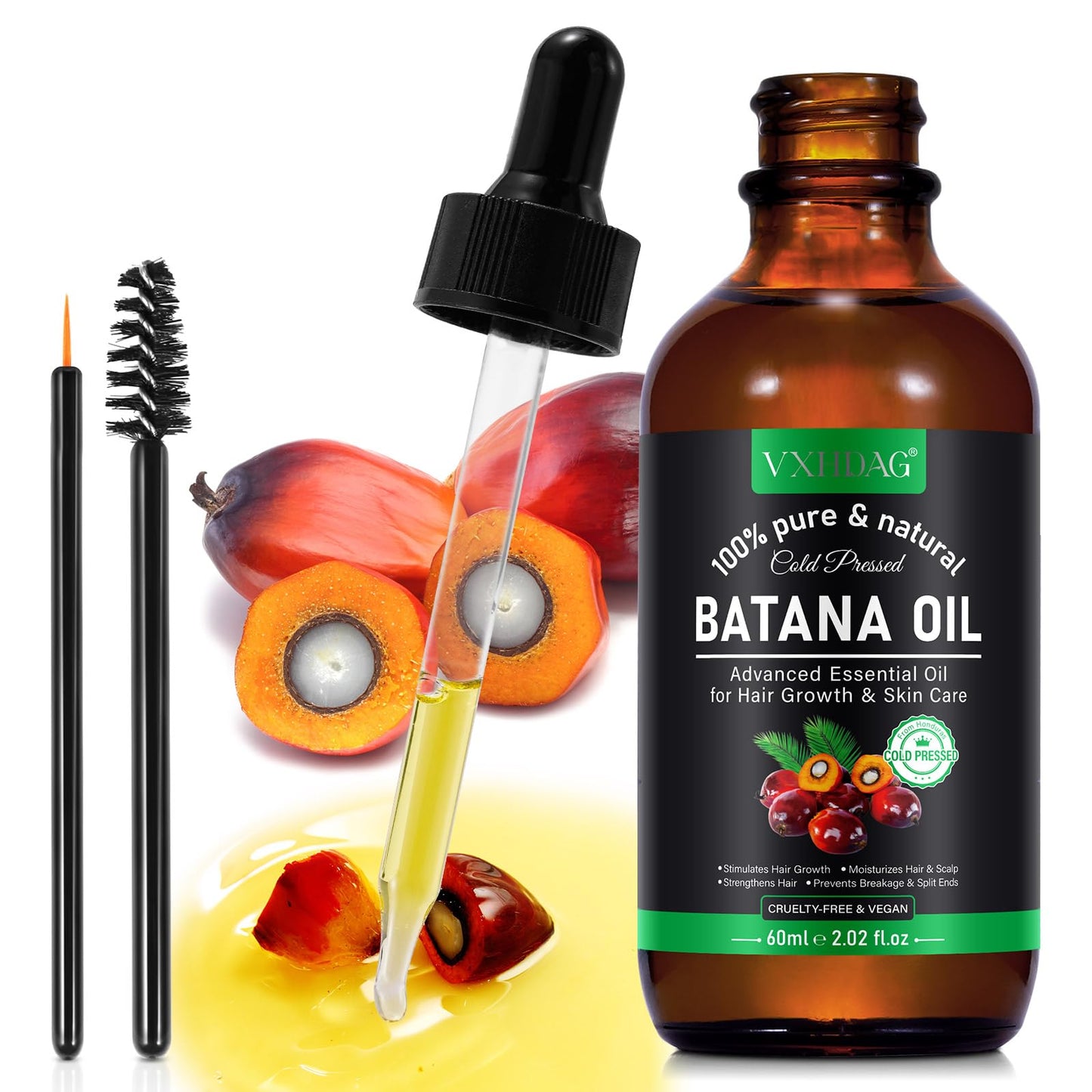 VXHDAG Batana Oil - 100% Pure & Natural from Honduras for Hair Growth, Eliminates Split Ends, Enhances Radiance & Nourishment for All Hair Types, 2.02 fl oz