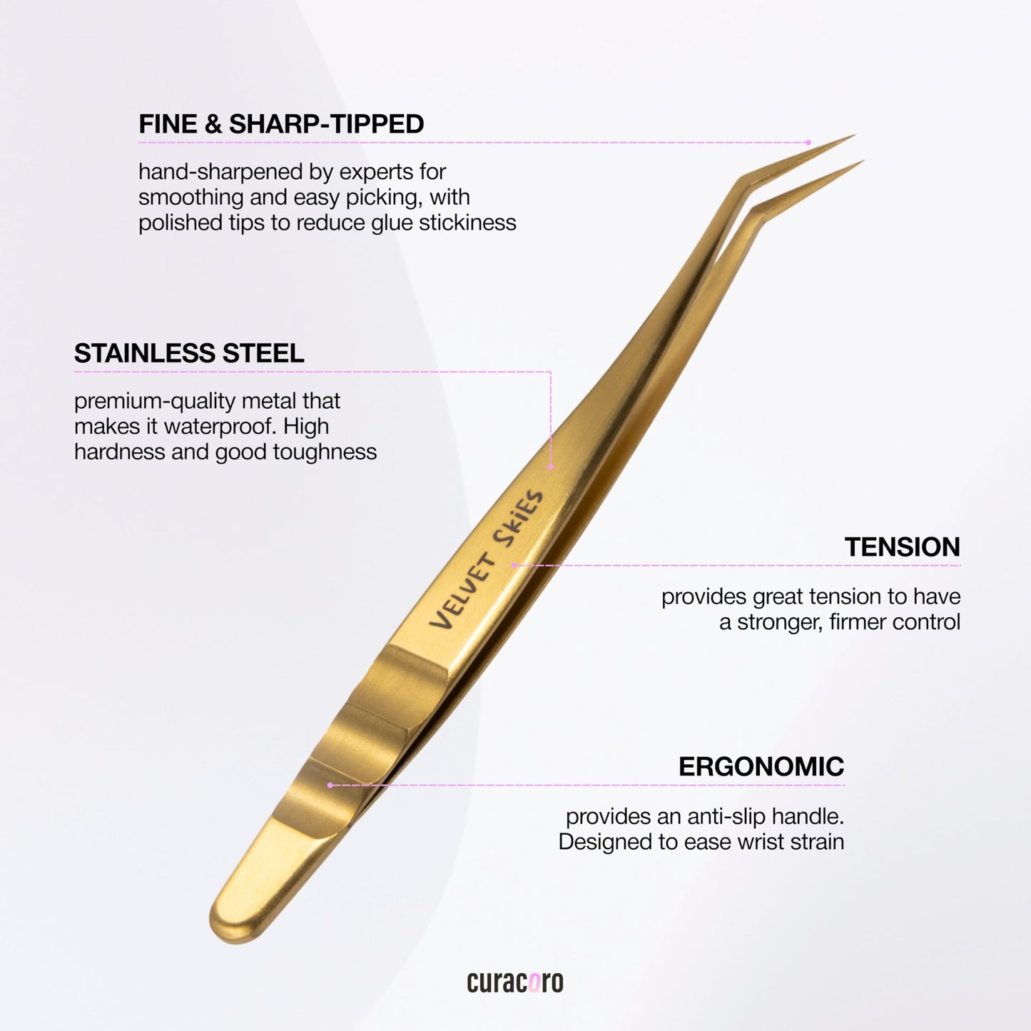 Curacoro Lash Tweezers - LashSmith 50° Long Tip Eyelash Tweezer for Isolation, Long Ultra-Firm Tip for Versatile Lashing Techniques