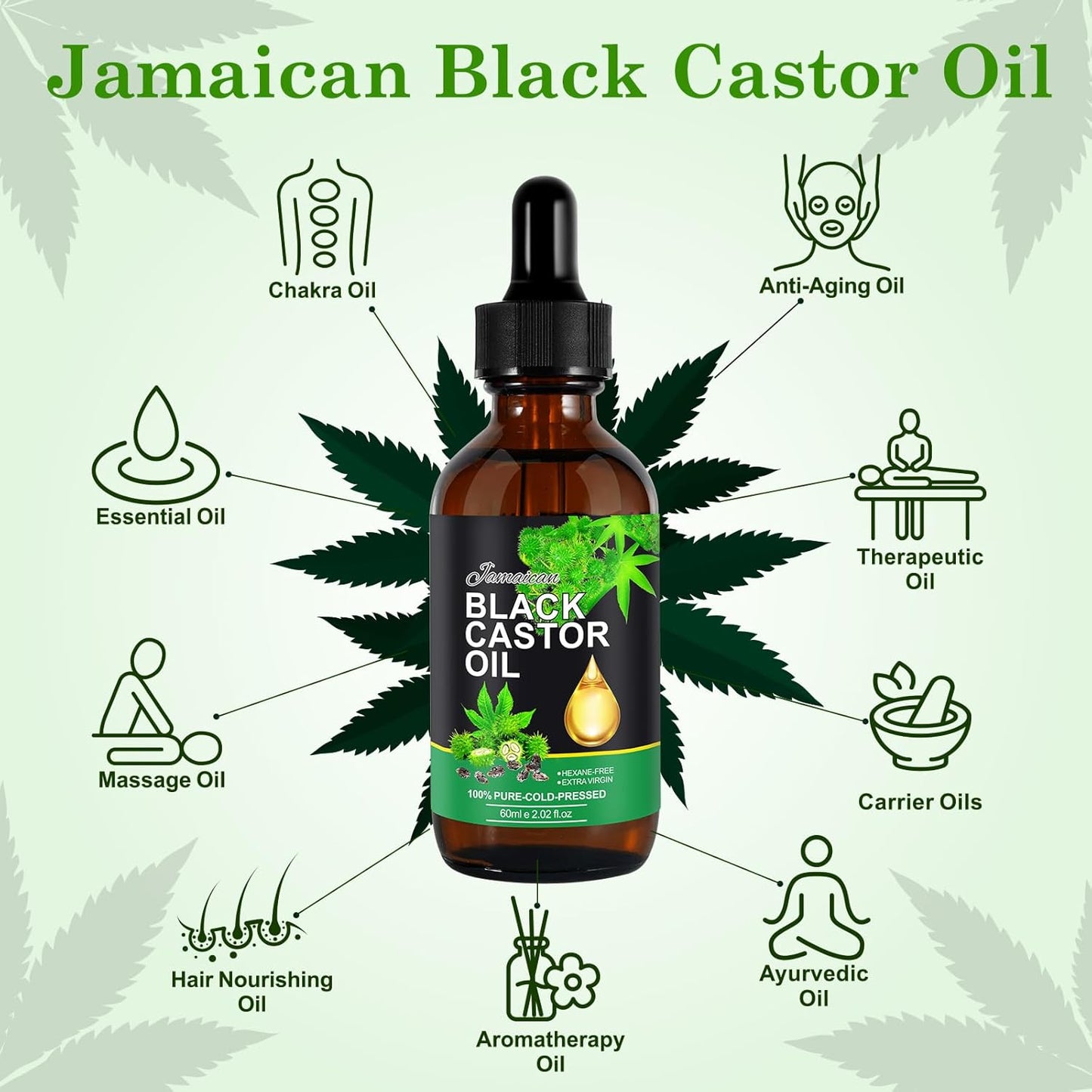 Jamaican Black Castor Oil - Organic Cold Pressed Unrefined | Hair Growth, Skin Moisturizer & Nail Care, 60ML