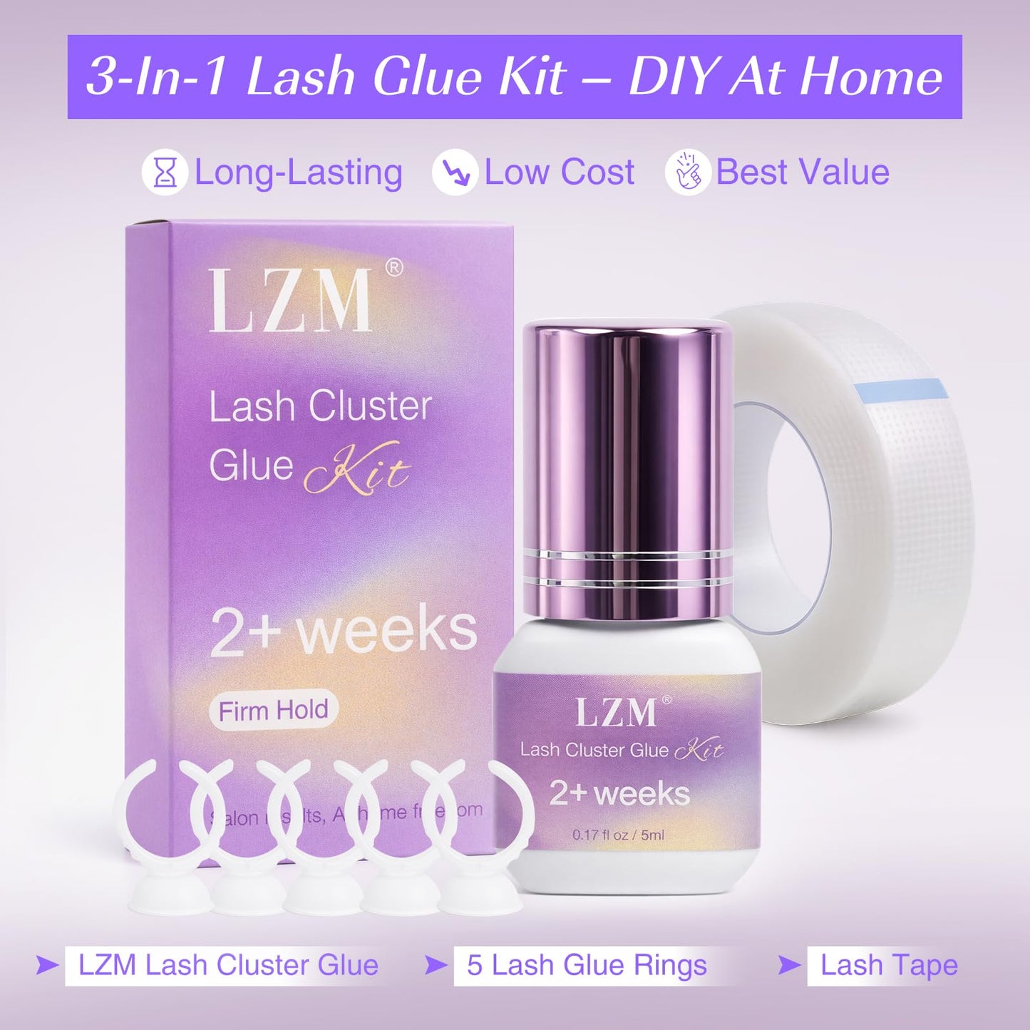 LZM Lash Cluster Glue Long Lasting Strong Hold 2 Weeks Waterproof, Eyelash Cluster Adhesive Kit for Beginners DIY Individual Eye Lash Extensions at Home & Professional Use (v011)
