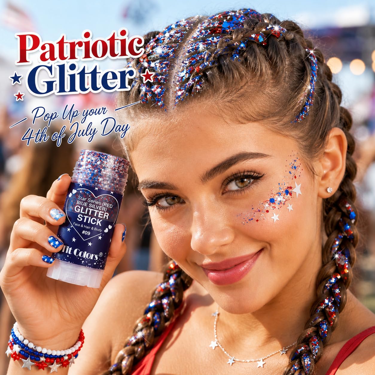 Honlley Patriotic Red White and Blue Face Hair Body Glitter Stick, Waterproof 4th of July Outfits Accessories for Women Kids, USA Flag Fourth Sparkle Makeup for 250 Anniversary Memorial Veterans Day