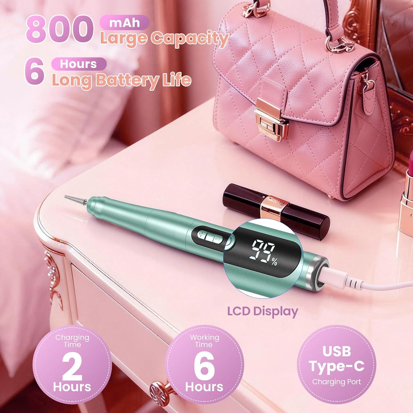 Cordless Nail Drill - 35000RPM Electric Nail File for Acrylic Gel Nails | Rechargeable Manicure Pedicure Kit with LCD Display - Green
