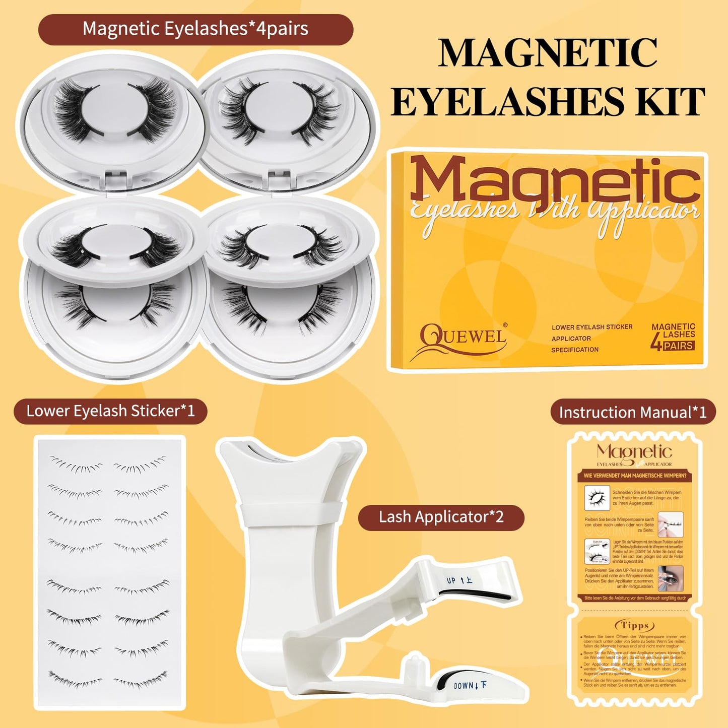QUEWEL Magnetic Eyelashes 4 Pair Reusable Magnetic Eyelashes with Applicator No Glue Needed Eyelashes Natural Look Lash Clusters Kit Easy to Wear and Remove(4 Pairs-A09)