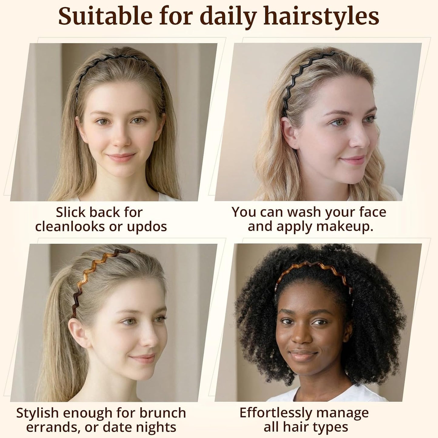 Zig Zag Headbands for Women - Classic 90s Non-Slip Hair Bands | 2 Pack Black & Brown for Curly Hair & Everyday Use