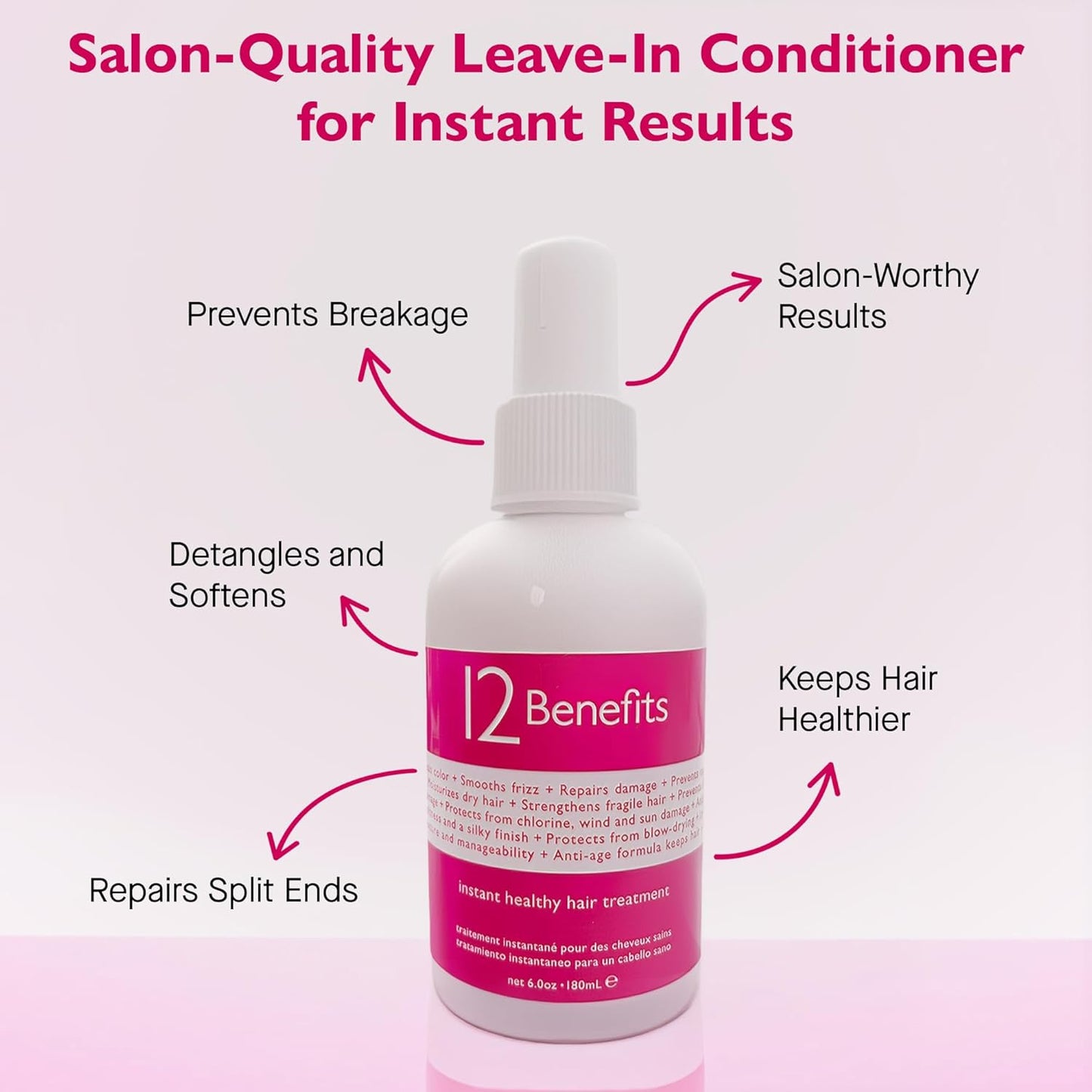Leave-In Conditioner Spray - 12 Benefits for Salon-Quality Repair & Shine | Heat Protection & Anti-Frizz, 6 Fl Oz