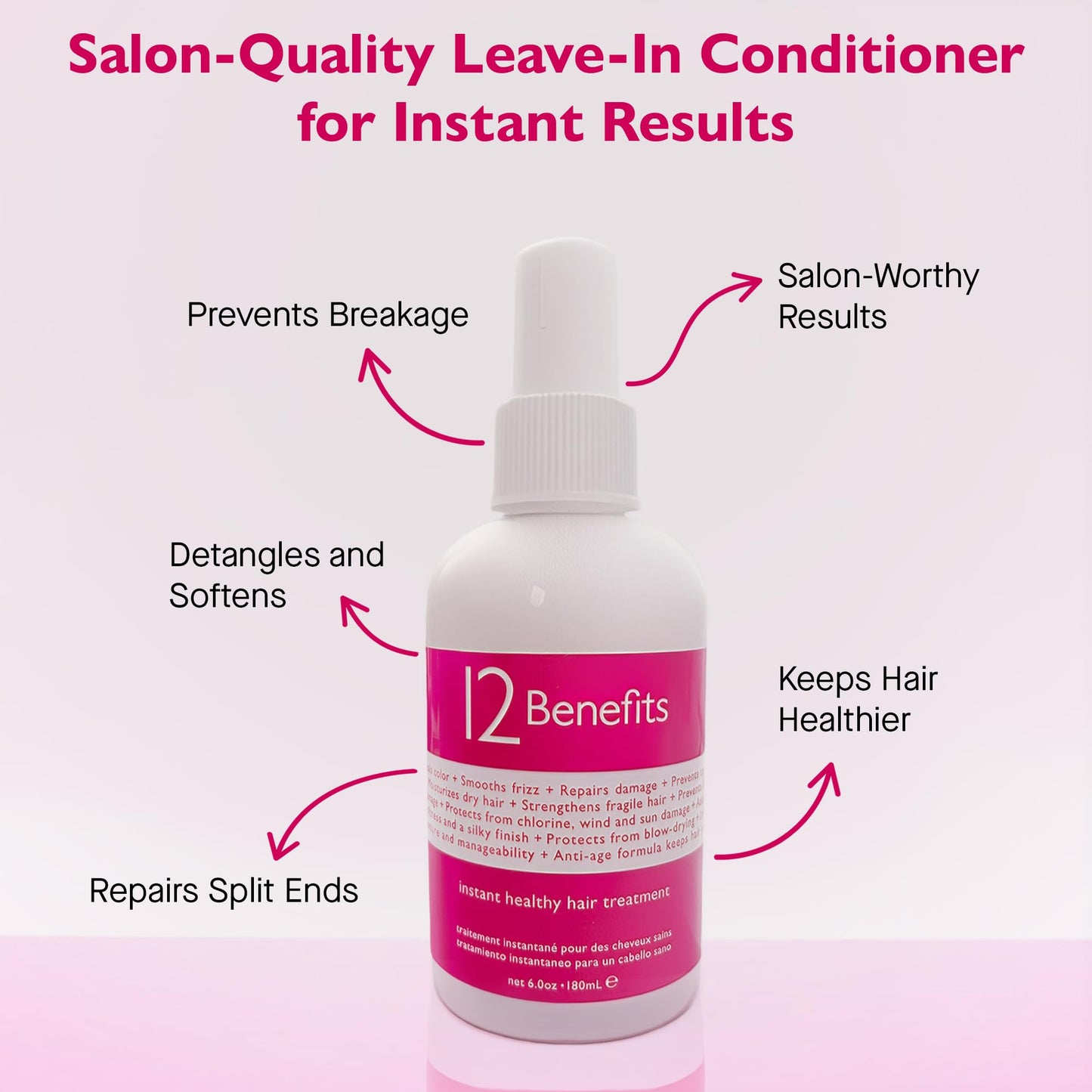 12 Benefits Leave-In Conditioner Spray + Salon-Quality Repair & Shine + 12-in-1 Professional Hair Treatment + Heat Protection + Anti-Frizz + Detangles & Strengthens + Instant Healthy Hair, 6 Fl Oz