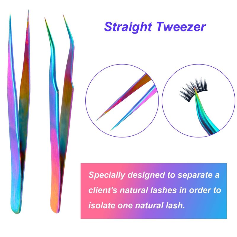 2 Pieces Straight and Curved Tip Tweezers Eyelash Extension Tweezers, Stainless Steel False Lash Application Tools (Iridescence)