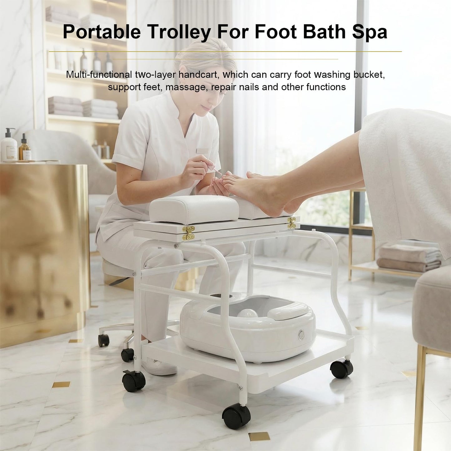 Beauty Salon Nail Or Foot Bath Spa Portable Esthetician Trolley Cart for Foot Rest Pedicure Manicure Funiture Massage Table Salon Supplies 2 Way Use 3 Color Option Elitzia (White)