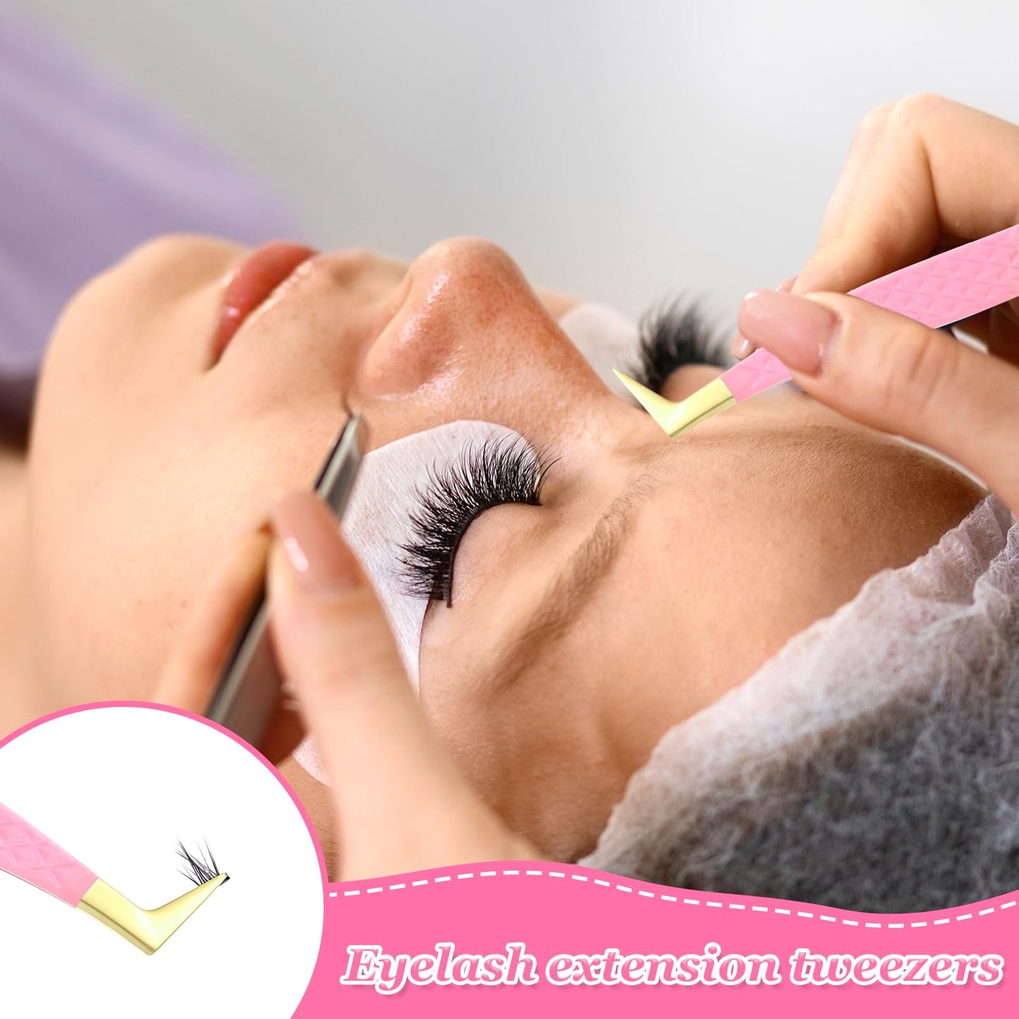 2 Pcs Professional Lash Tweezers Set, Eyelash Cluster Extension Tools Fiber Tip Women Lash Eyelash Eyebrow Tweezers with Bent and Straight Tips, Non-Slip Grip for Volume Classic Lashes (Pink)