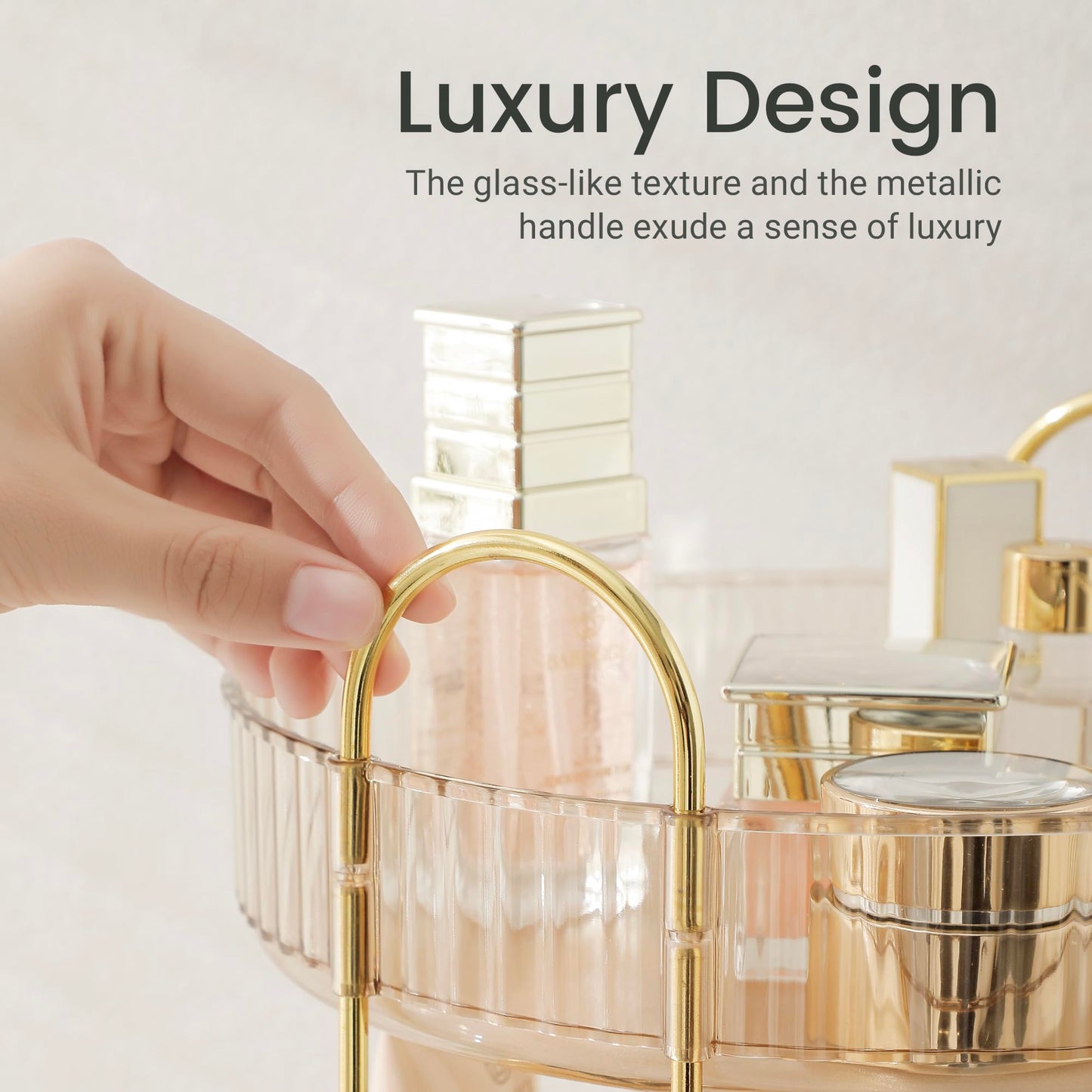 Aveniee Rotating Makeup Organizer for Vanity, Premium Solid Metal Pole Sturdy Construction, Perfume Storage for Bathroom Countertop, Clear Spinning Counter Shelf Cosmetic Holder for Dresser,Gold