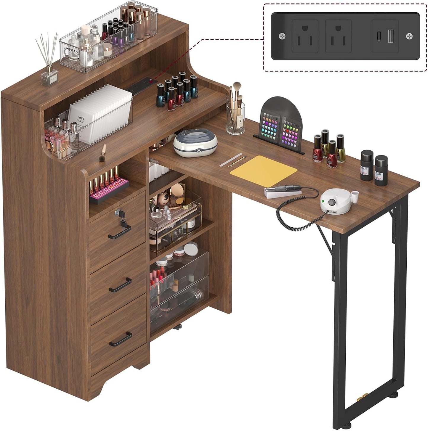 Foldable Nail Desk - L Shape Manicure Table with Drawer & Charging Station | Portable Beauty Salon Workstation (Brown)