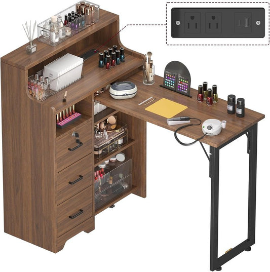Foldable Nail Desk - L Shape Manicure Table with Drawer & Charging Station | Portable Beauty Salon Workstation (Brown)