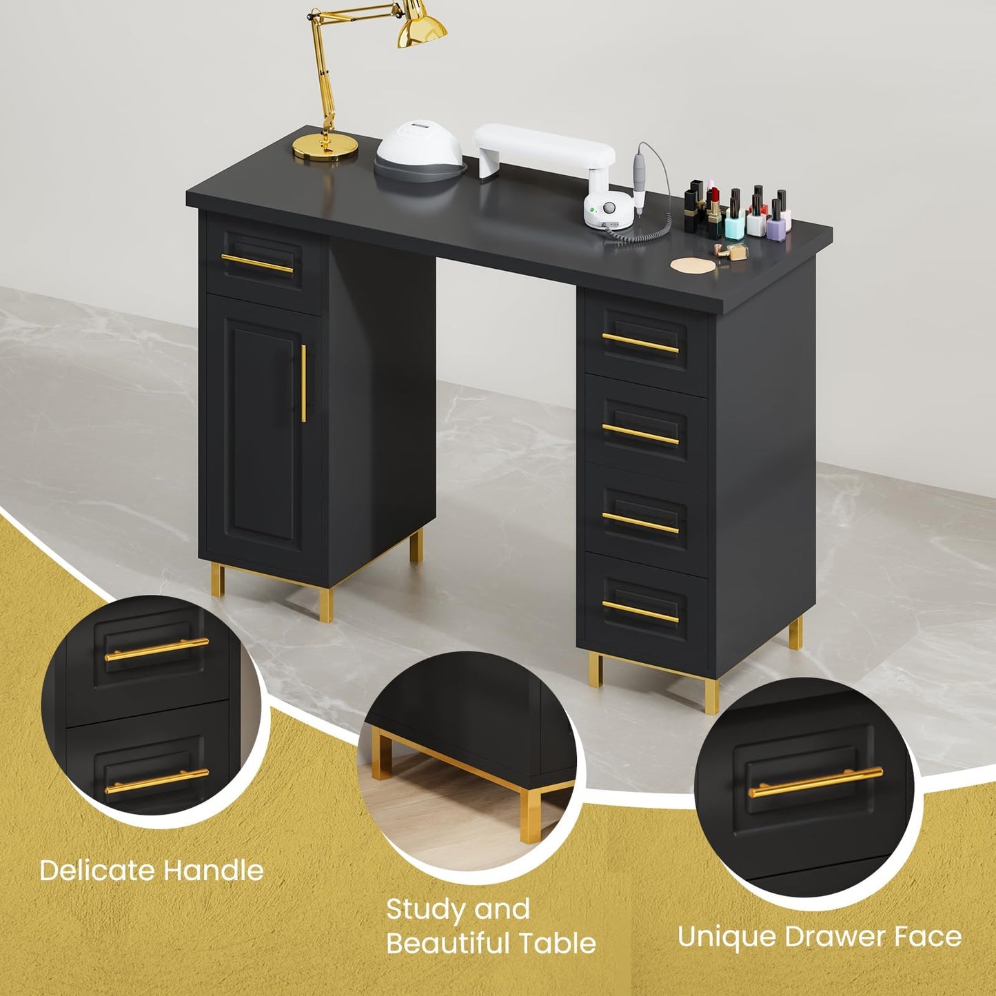 MaverickFurni Black and Gold Nail Tech Desk with Drawers, 43 Inch Manicure Table with Storage for Nail Tech, Nail Makeup Beauty Salon Table with 5 Drawers and Cabinet, Wooden Salon Spa Desk