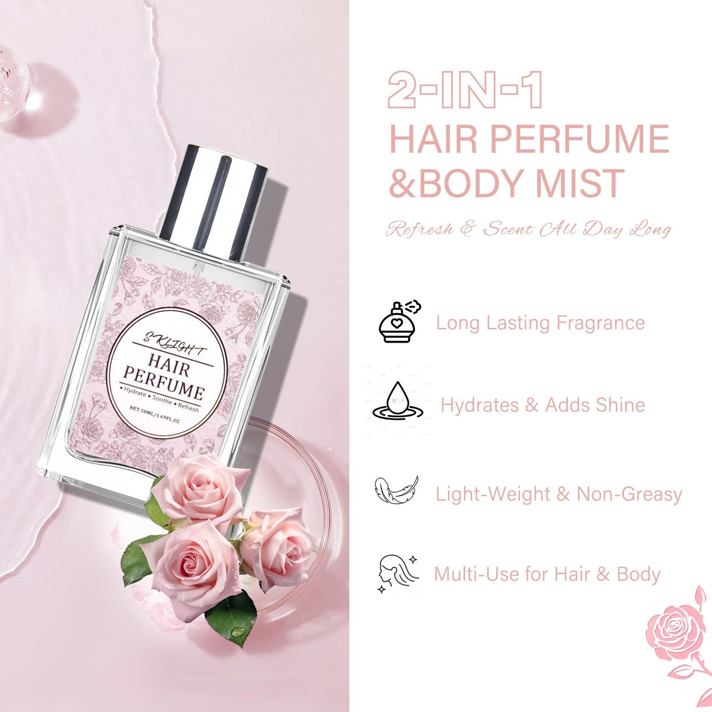 Fvquhvo Hair Perfume for Women, Long Lasting Pheromone Perfume, Hair and Body Mist, Romantic Rose Scent, Hydrates and Nourishes, 50ML