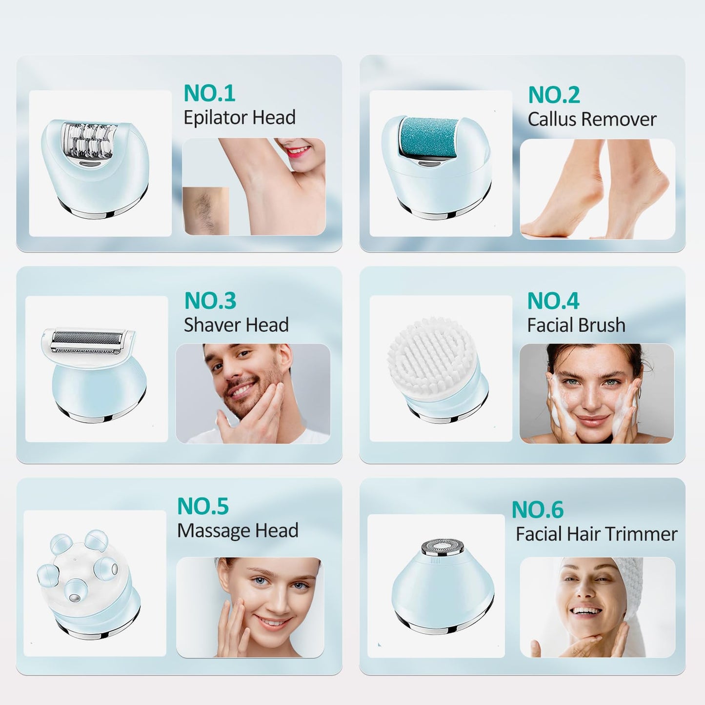 Epilator for Women, 6 in 1 Hair Removal Epilator, Shaver, Face Razor, Facial Brush, Face Massage and Body Exfoliator,IPX7 Waterproof Rechargeable Hair Removal for Women, 2 Speeds