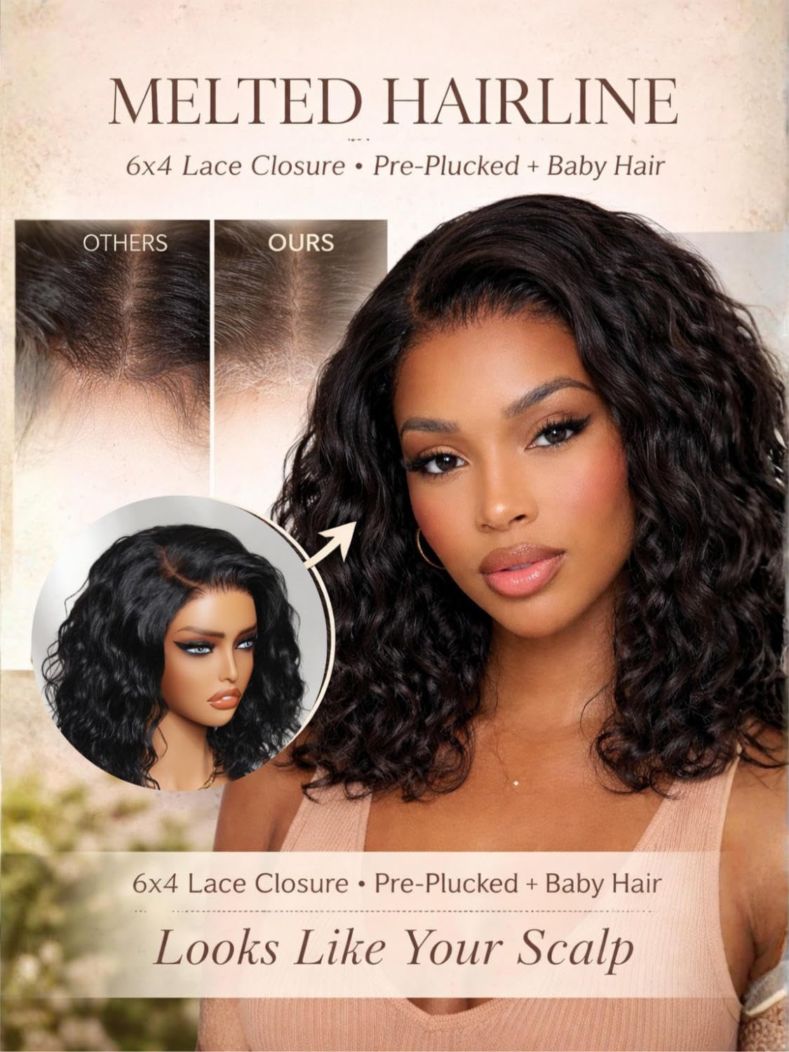 Beauty Forever Glueless Bob Wig Human Hair Water Wave 6x4 Lace Closure Pre Cut Pre Plucked Bye Bye Slip Secure Fit Side Part 250 Density Drawstring Short Curly Bob Wig for Black Women 12inch