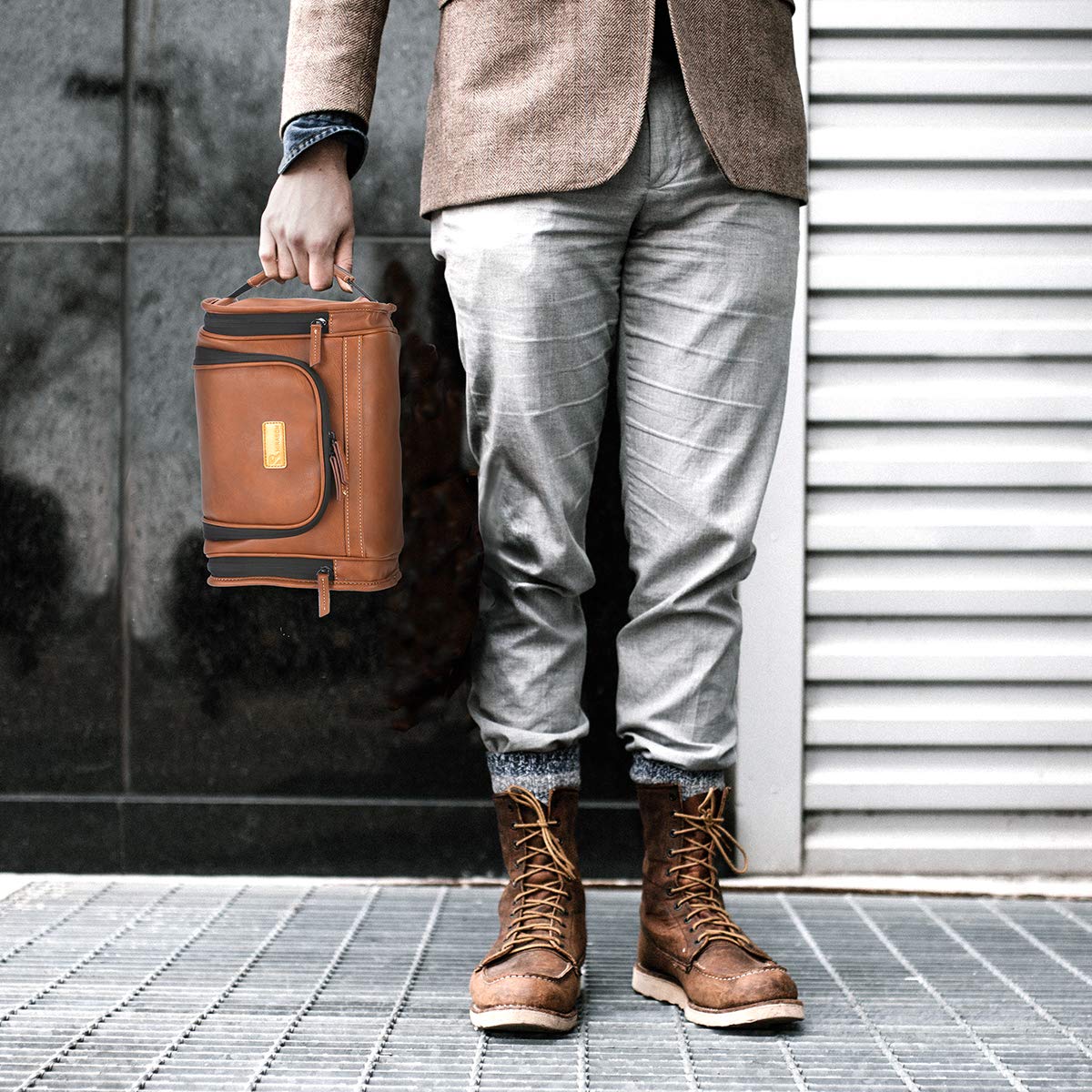 Travel Toiletry Bag - Hanging Leather Dopp Kit for Men | Brown Shower Organizer with Metal Hook