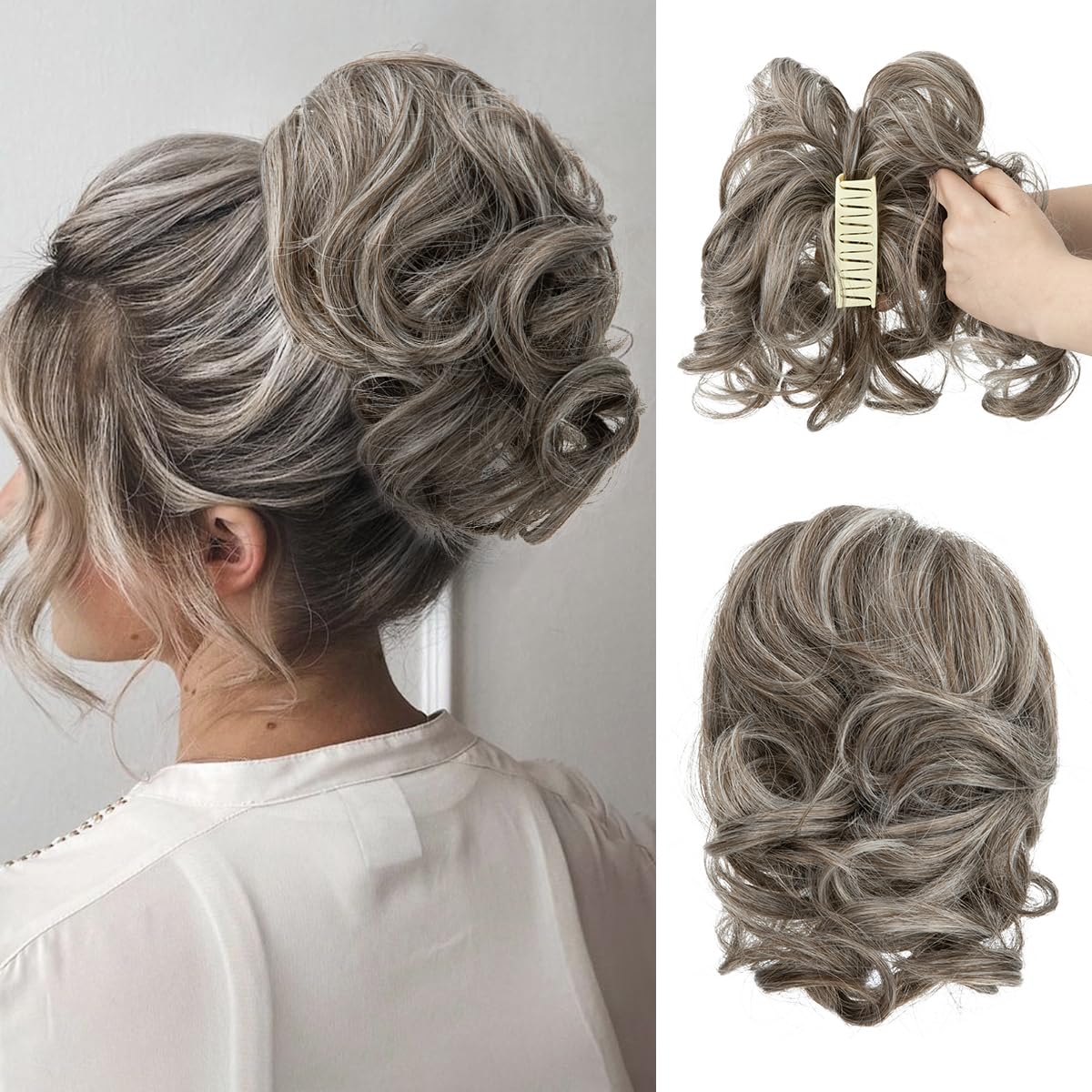 CJL Hair Claw Clip Short Ponytail Extensions - Bendable Metal Messy Bun Piece | Wavy Curly Synthetic Hair, Ash Grey