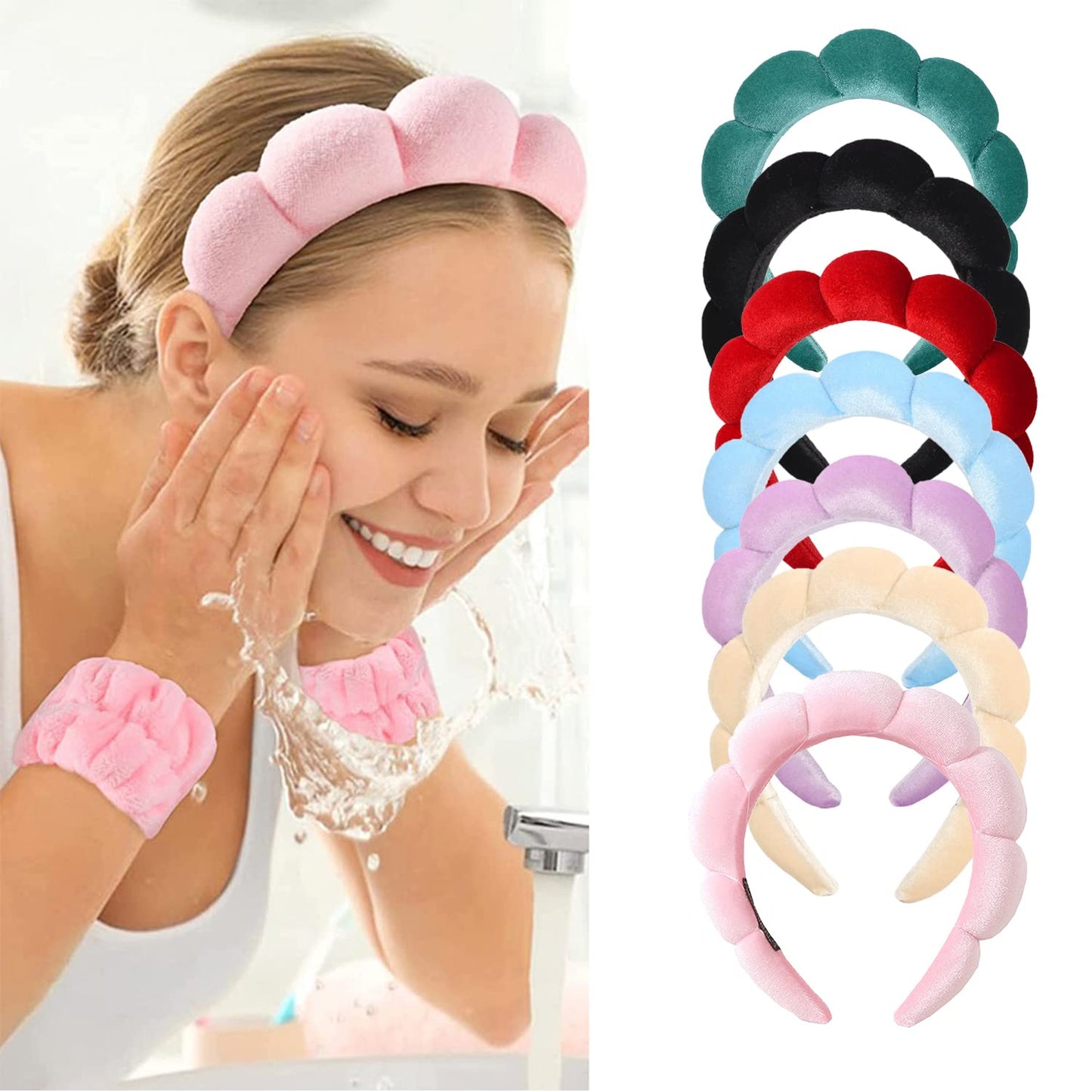 Velvet Spa Headband for Washing Face | Bubble Makeup Headband with Wristbands - Blue