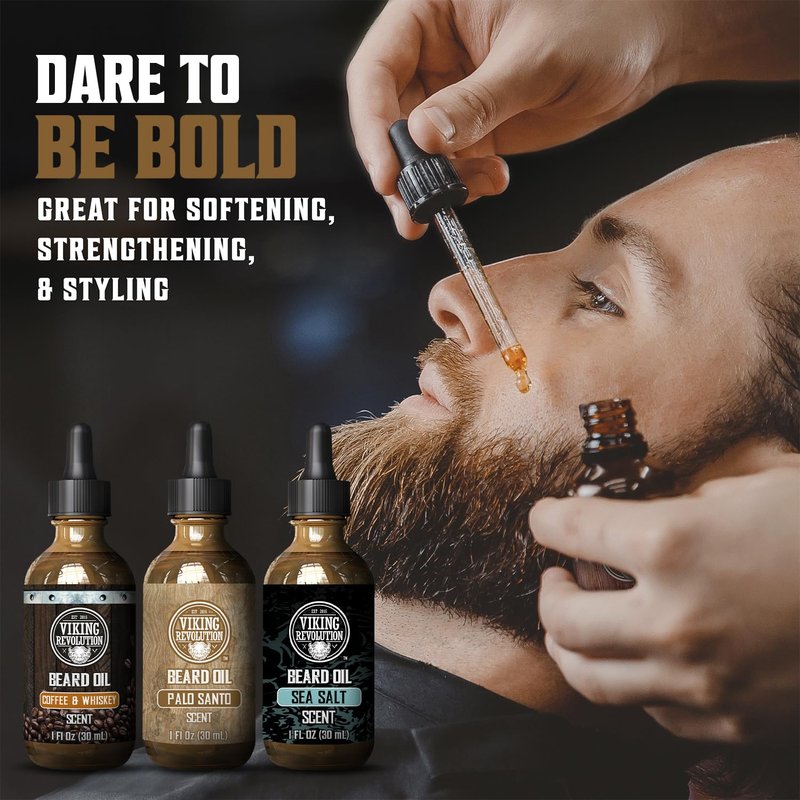 Viking Revolution Beard Oil for Men 3 Pack - Natural Mens Beard Oil Variety Set - Coffee & Whiskey, Palo Santo, Sea Salt Scents - Beard Conditioning and Moisturizing for a Healthy Beard (3 Pack, 1oz)