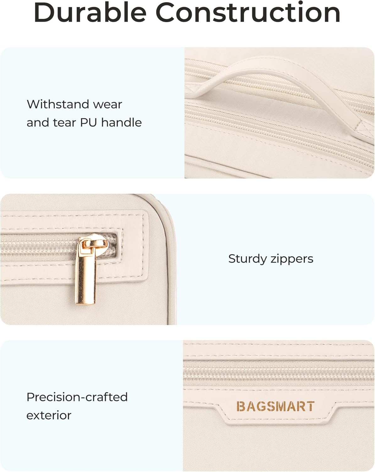 Travel Makeup Bag - Durable Compact Organizer with Multiple Compartments | Beige Cosmetic Case for Women