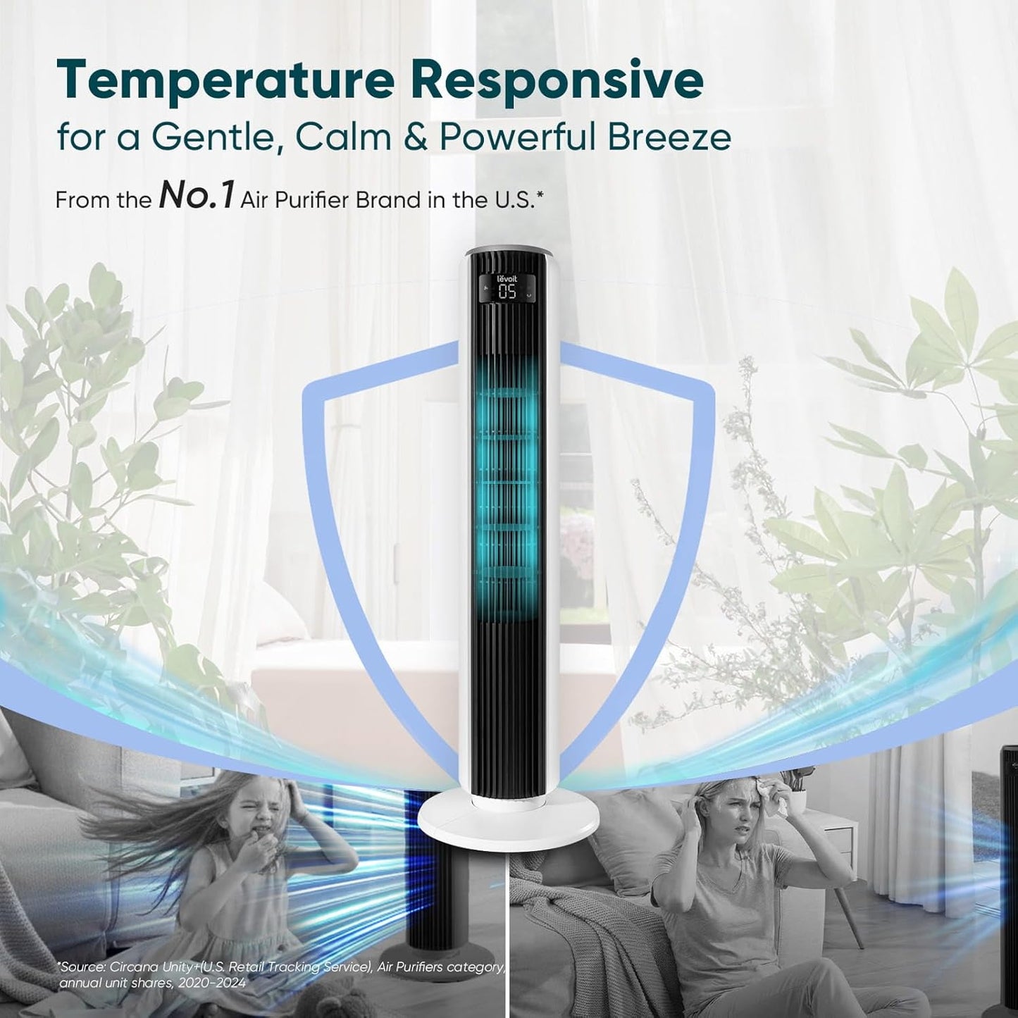 LEVOIT Tower Fan - 90° Oscillating Bladeless Fan for Bedroom | 28dB Quiet, 12H Timer, 5 Speeds, 36 Inch, White