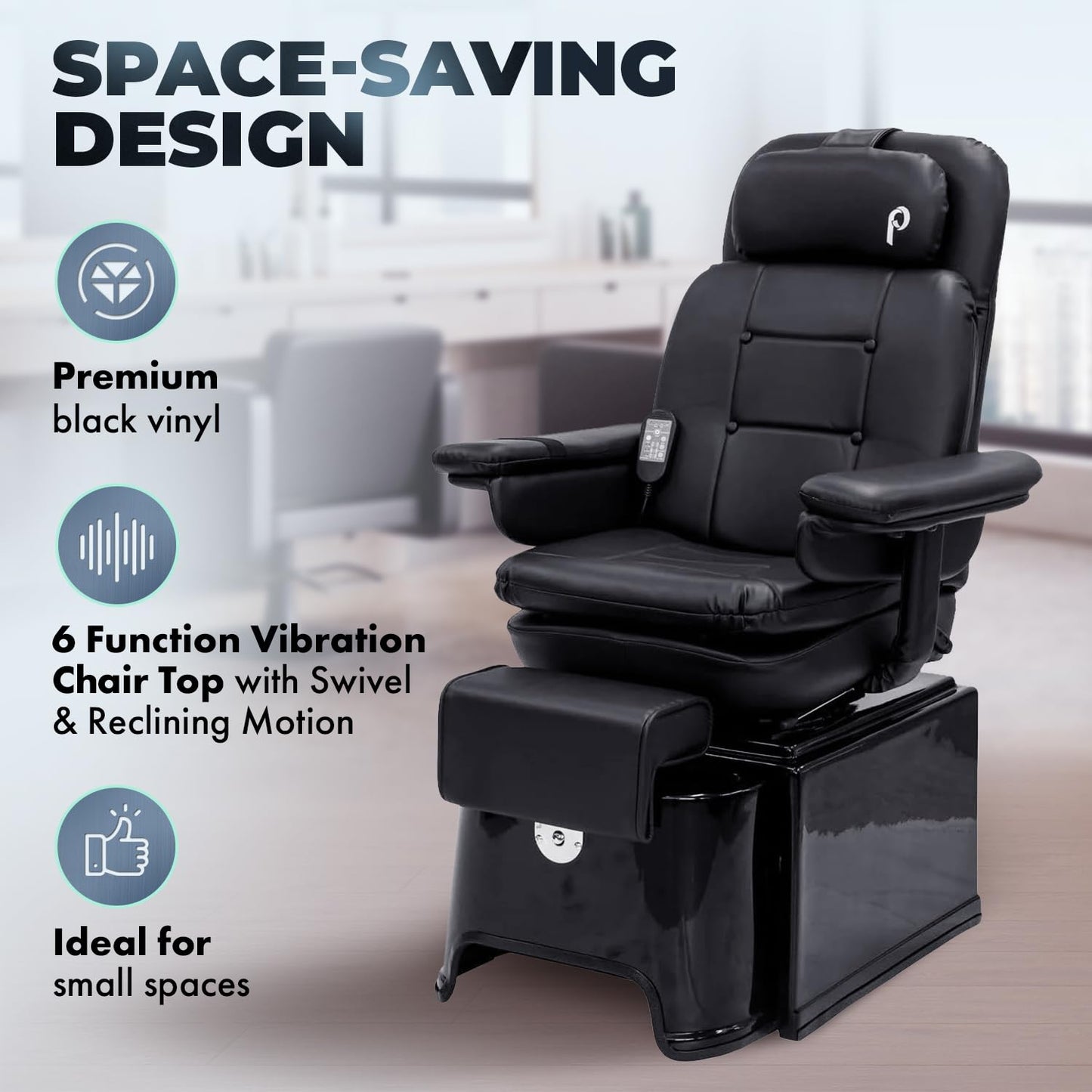 Pibbs PS92 No Plumbing Pedicure Spa Chair with Footsie Bath & Disposable Liners, Reclining Swivel Vibration Chair, Adjustable Footrest & Durable Fiberglass Base, Black, 57"x33"x16", PIB-PS92