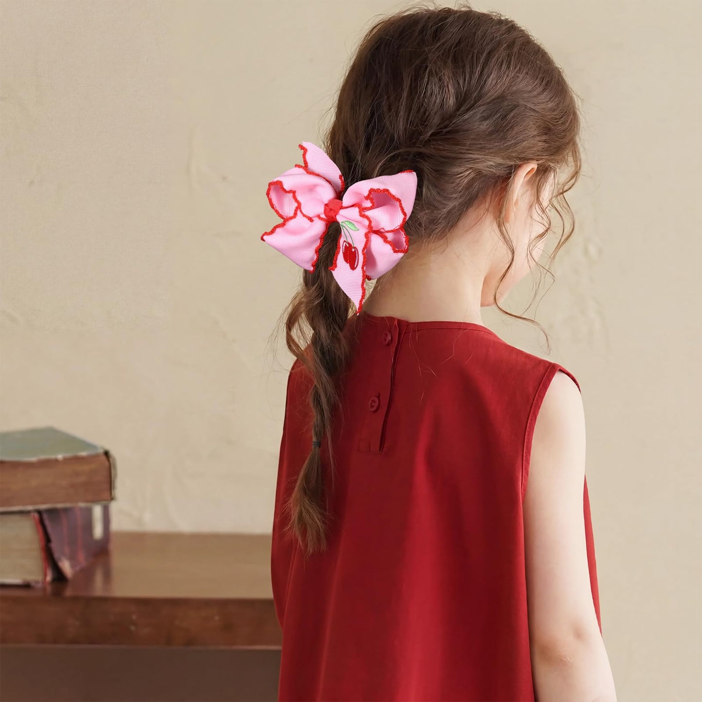 4" Red Cherry Fruit Hair Bow Clips 2PC Pink Embroidered Grosgrain Ribbon Bowknot Alligator Clip for Teen Girls Women Birthday Party Dress Summer Outfit Decor Accessory Gift
