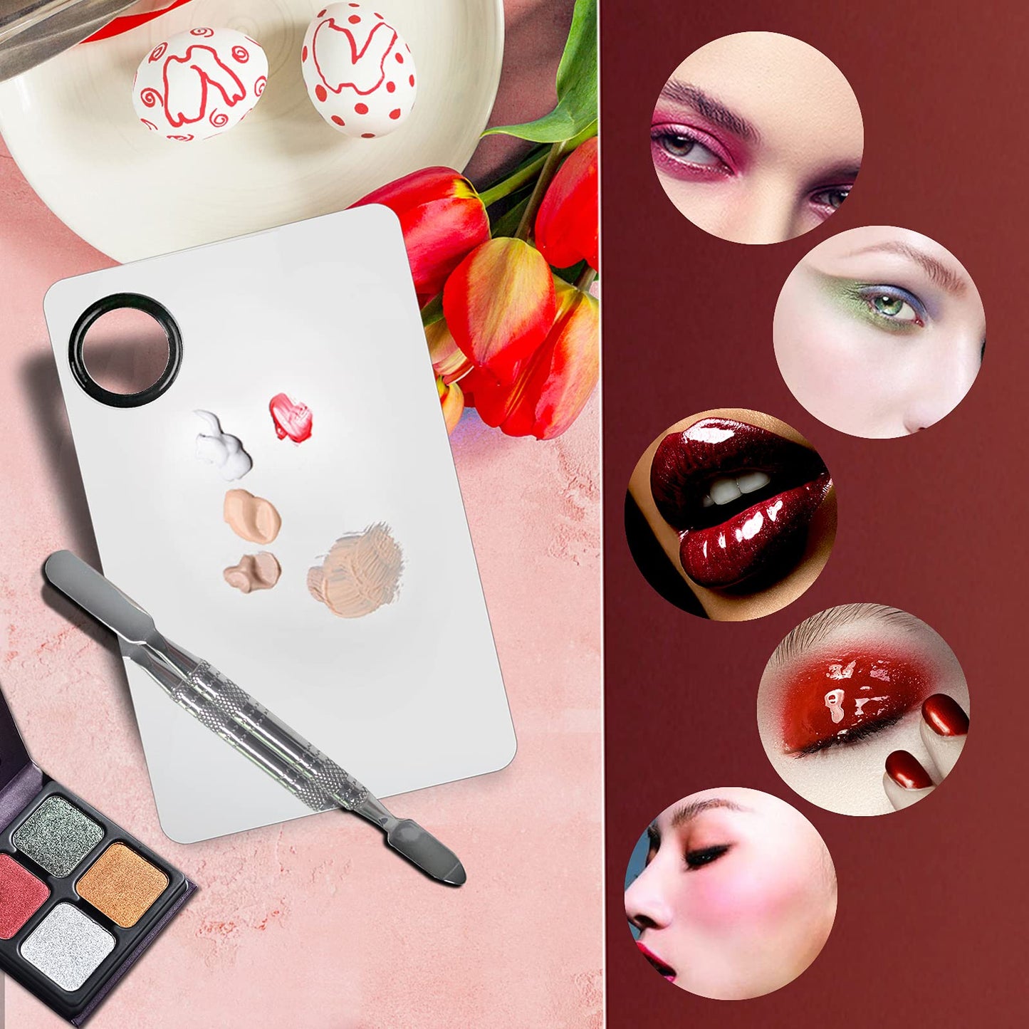 Banugo Stainless Steel Makeup Mixing Palette - 2Pcs, Includes Spatula, For Foundation/Eye Shadow/Mascara/Nail Polish/Pigment/Nail Art
