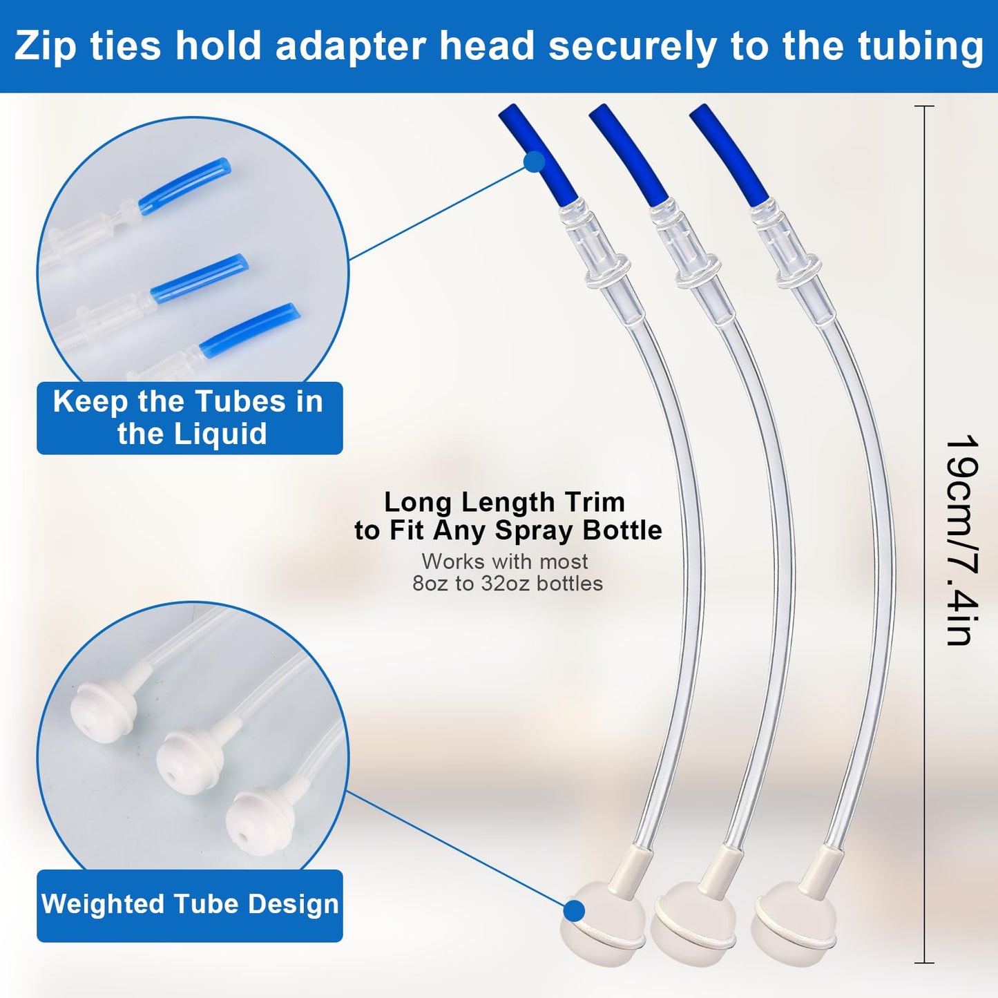 360 Tilted Spray Bottle Adapter with Weighted Tube, Upside Down Multi-Angle Sprayer Attachment, Universal Fit Flexible Dip Tube Replacement for Standard Cleaning Bottles(3-Pack)