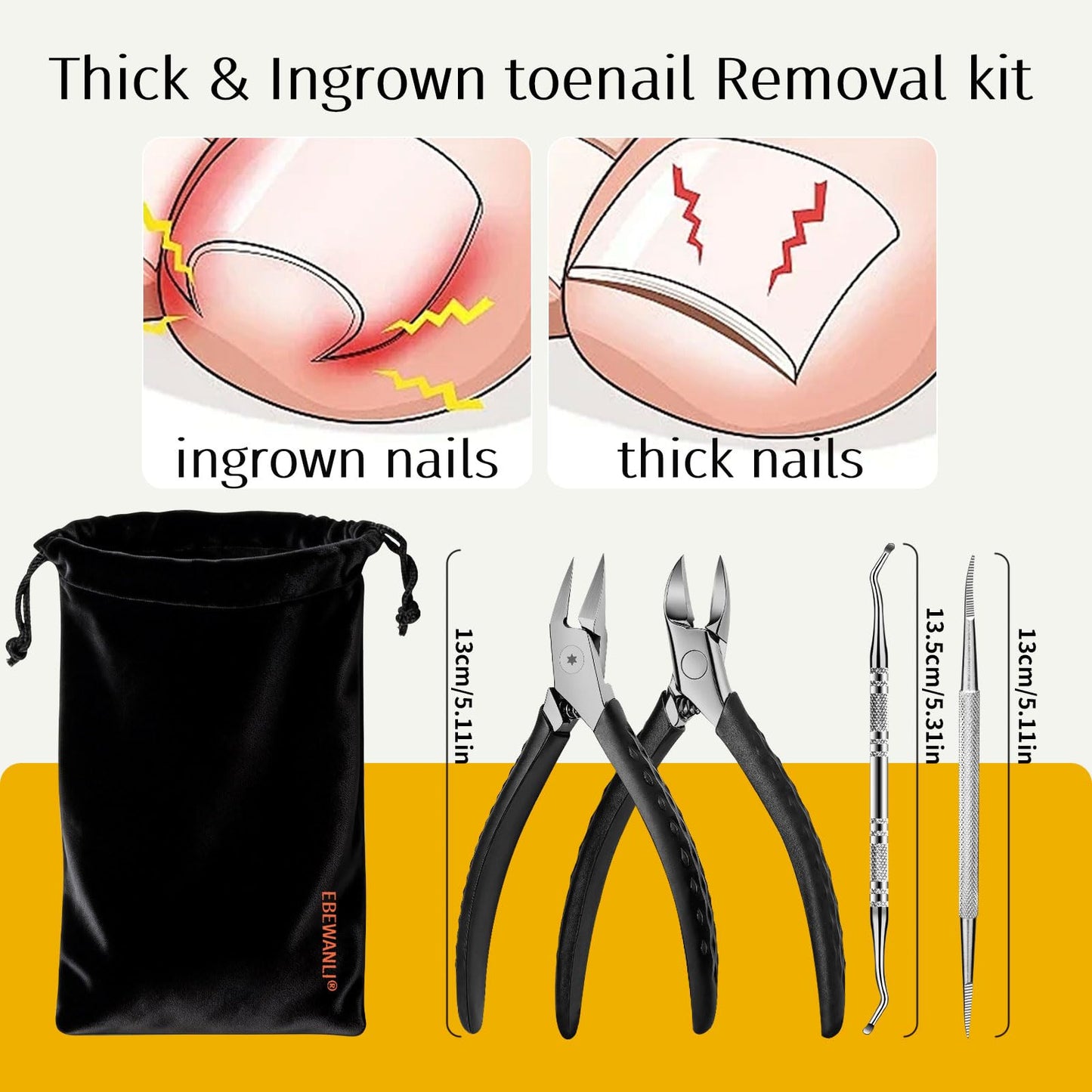 EBEWANLI Toenail Clippers for Thick Toenails - Heavy Duty Toe Nail Clipper Kit for Ingrown Toenails, Stainless Steel Nail Nippers with Non-Slip Rubber Handle, with Lifter & File and Travel Bag