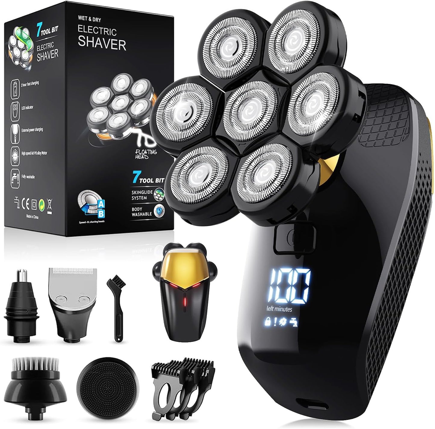 VITALY 7D Floating Head Shaver for Bald Men - 9200RPM Waterproof Rechargeable Grooming Kit | Travel Lock & LED Display